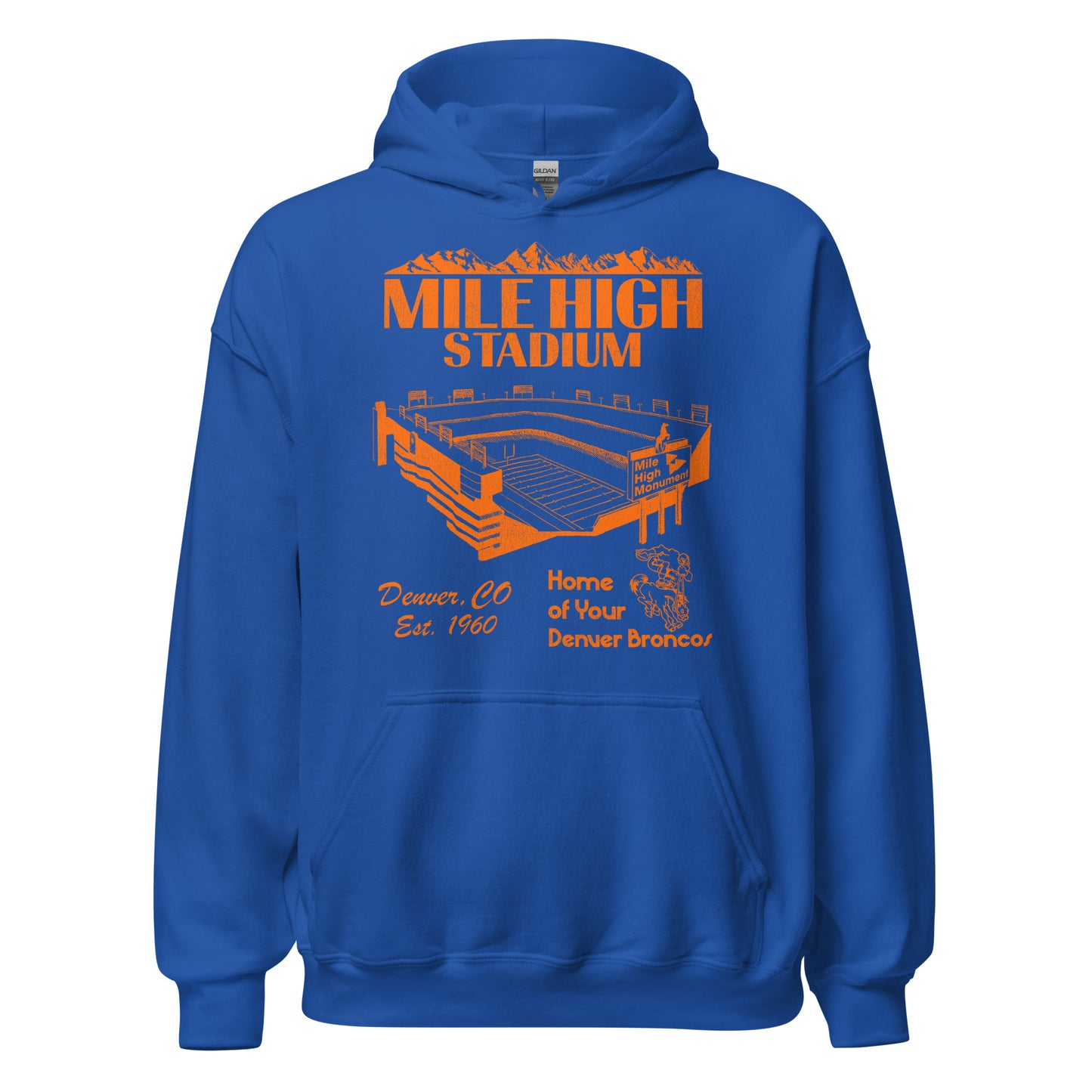 A royal blue colored vintage Mile High Stadium hoodie sweatshirt for tourists from Denver, CO, Est. 1960. Text reads "Home of Your Denver Broncos", referring to how the stadium housed the Colorado NFL football team in the 60s, 70s, 80s, and 90s. The sweatshirt includes an mountain range image, and a picture of the stadium with a sign saying "Mile High Monument", a famous tourist attraction honoring of the Bronco's legacy. Includes image of a football player riding the horse "Thunder".