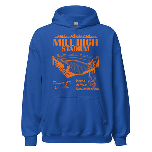 A royal blue colored vintage Mile High Stadium hoodie sweatshirt for tourists from Denver, CO, Est. 1960. Text reads "Home of Your Denver Broncos", referring to how the stadium housed the Colorado NFL football team in the 60s, 70s, 80s, and 90s. The sweatshirt includes an mountain range image, and a picture of the stadium with a sign saying "Mile High Monument", a famous tourist attraction honoring of the Bronco's legacy. Includes image of a football player riding the horse "Thunder".