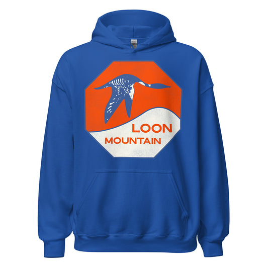 A royal blue 70s style hooded sweatshirt from Loon Mountain, a ski and snowboard resort in New Hampshire on the White Mountain Range. Image of an orange sun, blue and white loon, and snow covered hill.