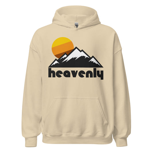 A sand colored 80s style hooded sweatshirt with the image of multiple mountains topped with snow and a tricolored bright yellow, orange, and brown sun rising in the distance. Says "heavenly" in reference to Lake Tahoe's famous Heavenly Ski Resort, or Heavenly Mountain Resort, an incredible ski and snowboard destination, spanning both California and Nevada.