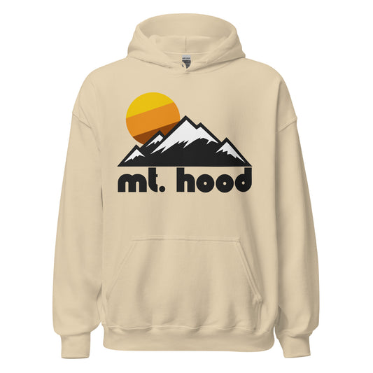 A sand colored retro, vintage Mt. Hood Meadows hoodie sweatshirt with the image of some mountains with snow on their peaks and a tricolored yellow, orange, and brown/red sun setting in the distance. Says "Mt. Hood" in reference to the Oregon ski resort near Portland, Oregon, with a variety of terrain, incredible slopes for skiers and snowboarders, and stunning views of the Cascade Mountains.