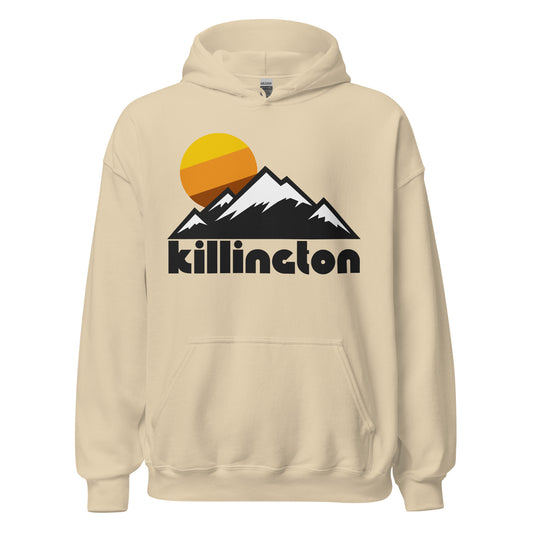 A vintage, 70s style sand colored hoodie sweatshirt that says "killington" underneath the image of multiple snow topped mountain peaks and a yellow, orange, and reddish brown bright sun rising behind. In reference to Killington Resort in the Green Mountains of Vermont, known for having the largest vertical drop in all of New England, and for its world class ski and snowboard trails as well as mountain biking and golf opportunities.