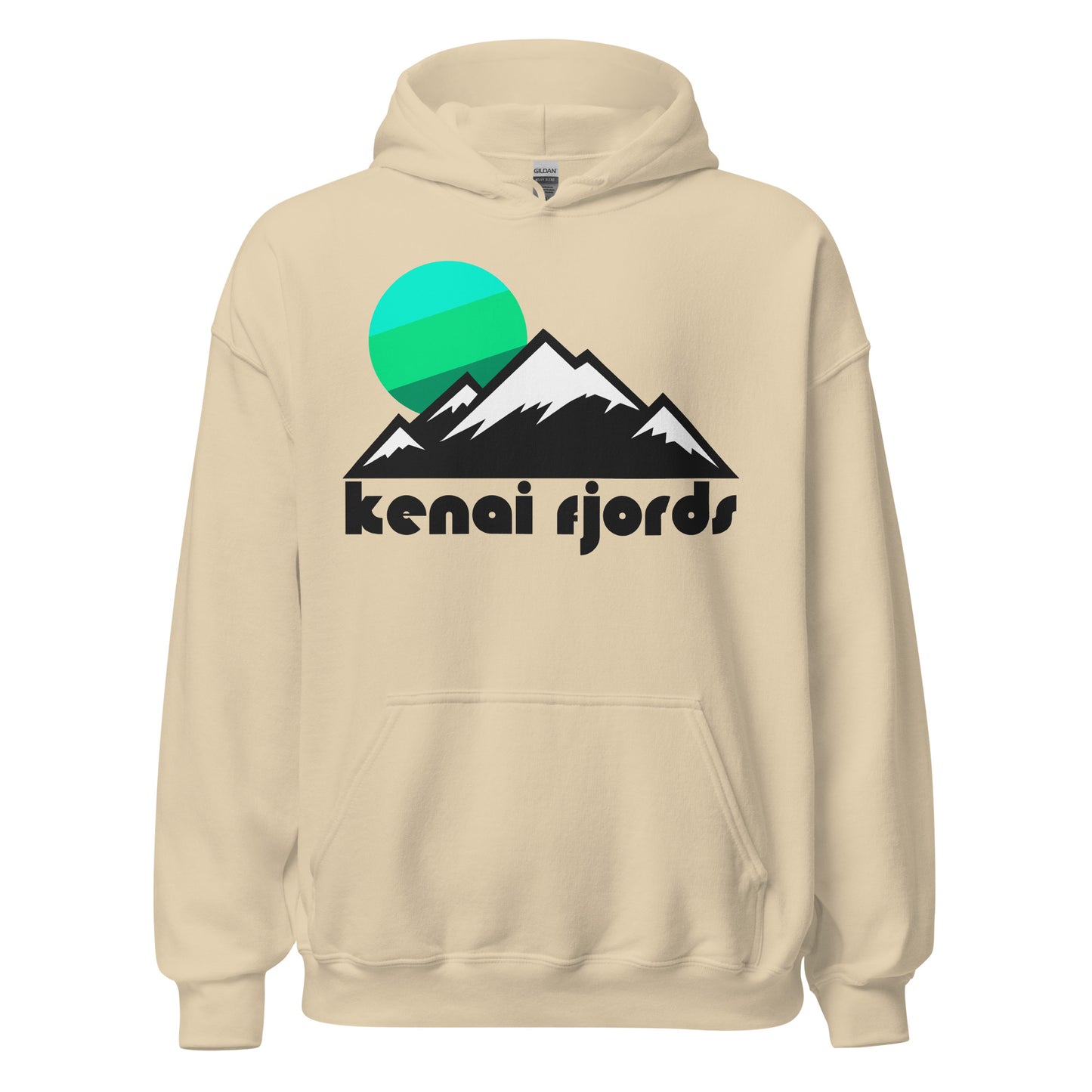 A sand colored, 70s style hooded sweatshirt with the picture of many mountains, all snow covered, under a setting sun in gorgeous green and blue colors. The sweatshirt says 'kenai fjords', representing Alaska's Kenai Fjords National Park, a place that feels like an ice age with its stunning glaciers and the Harding Ice Field, popular for hikers especially due to its location on the coast of the Pacific Ocean.