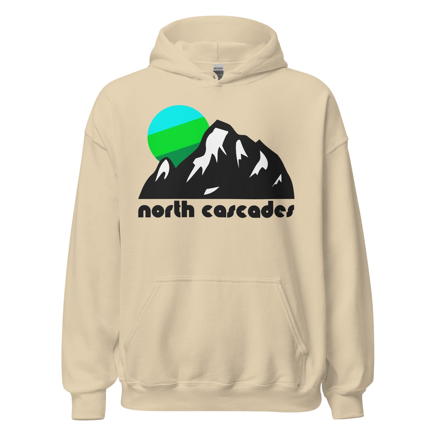 A sand colored, 70s style vintage "North Cascades" hoodie sweatshirt with an image of a beautiful mountain landscape with snow on the peaks and a colorful sun in greens and blues, referencing North Cascades National Park in Washington State, a couple hours from Seattle, known for its 300 glaciers and stunning alpine hikes.