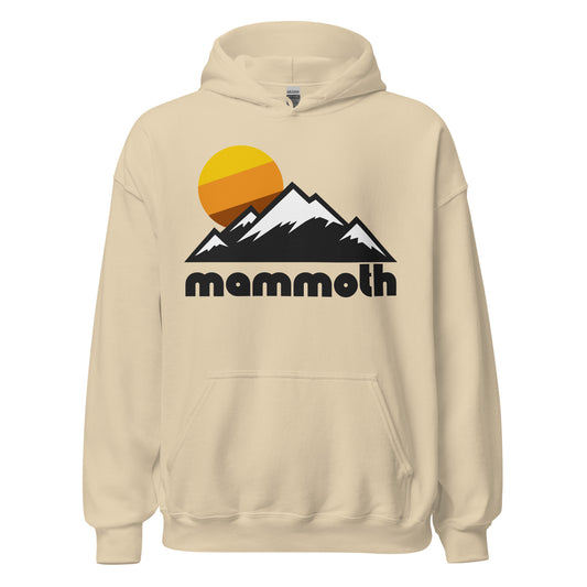 A retro, 80s style "Mammoth" sand colored hooded sweatshirt with an image of a beautiful mountain range and a yellow/orange/brown sun over the tops of the snow covered peaks. References California's world class Mammoth Mountain - a ski and snowboarding resort - located in Mammoth Lakes.