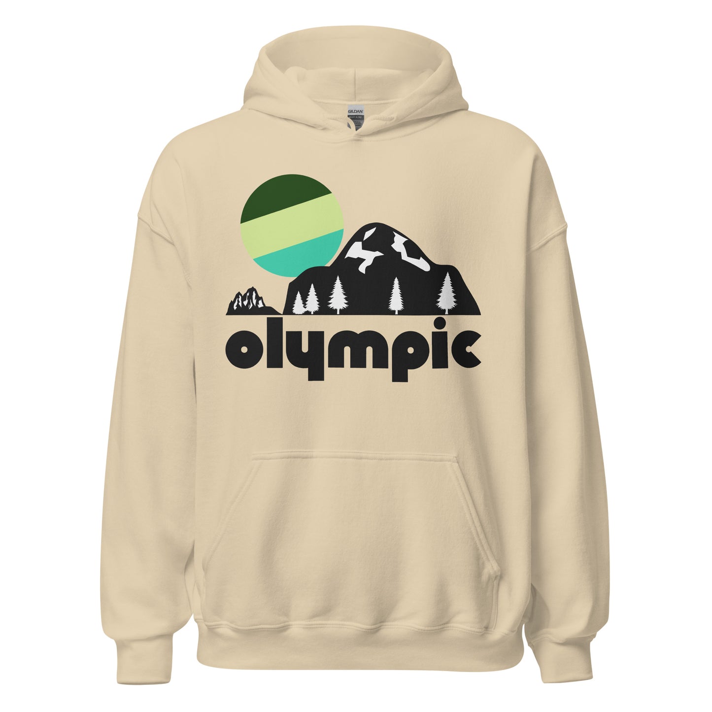 A vintage, 80s style sand colored hooded sweatshirt saying "olympic" under the image of a stunning mountainous landscape with pine forest trees and a tricolored forest green, lime green, and aqua blue sun rising. In reference to the famous Olympic National Park in Washington State, near Seattle, known for its rainforests, beautiful coastal hikes next to the Pacific Ocean, and the Olympic Mountain Range, including Mt. Olympus.
