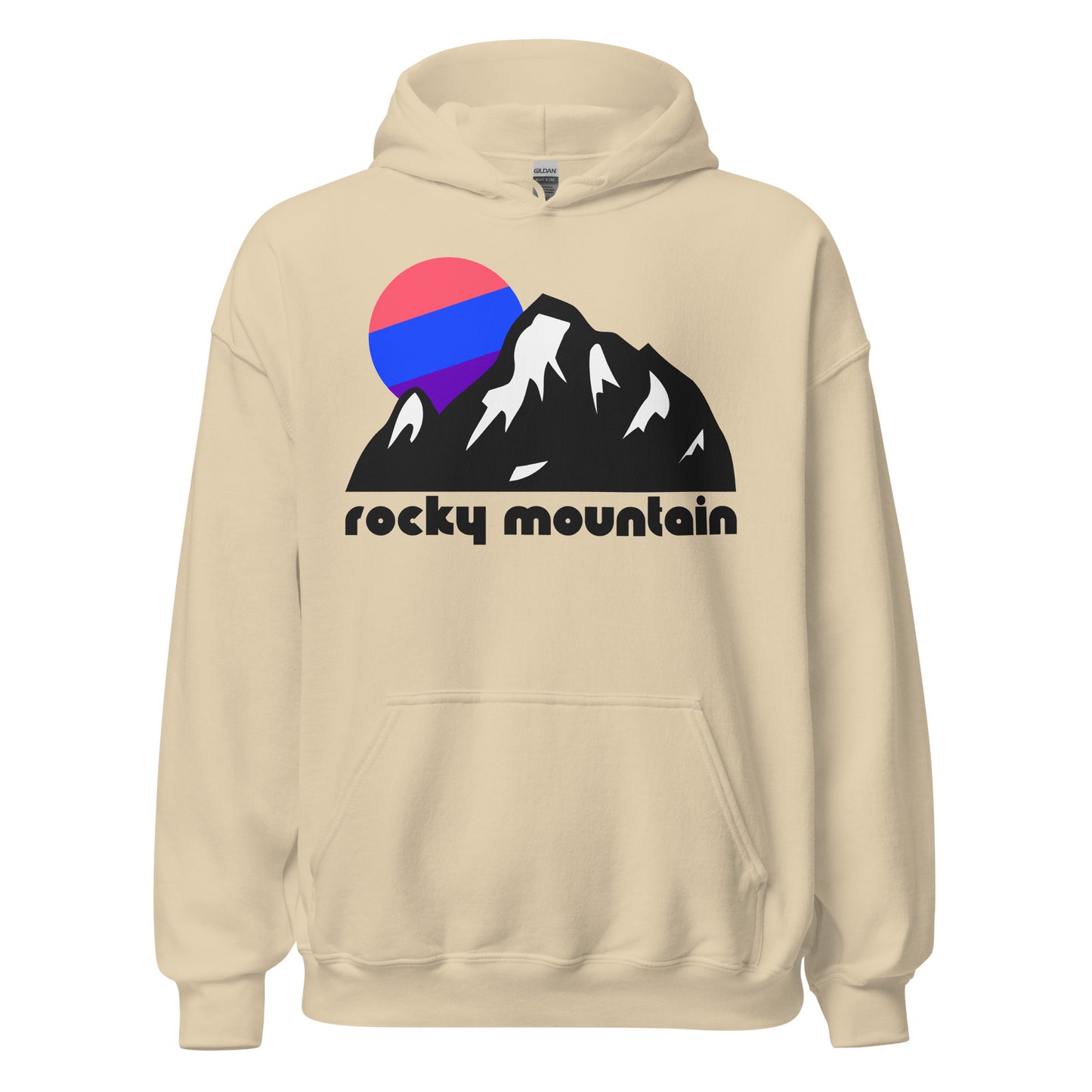 A retro, 70s style 'rocky mountain' sand colored hooded sweatshirt with a mountain landscape image, the peaks covered in snow as a sun in blues, pinks, and purples sets in the distance. References the world famous Rocky Mountain National Park, famous in history for the Gold Rush and famous in America today for its world renowned hiking trails, ski resorts, and high concentration of fourteeners.