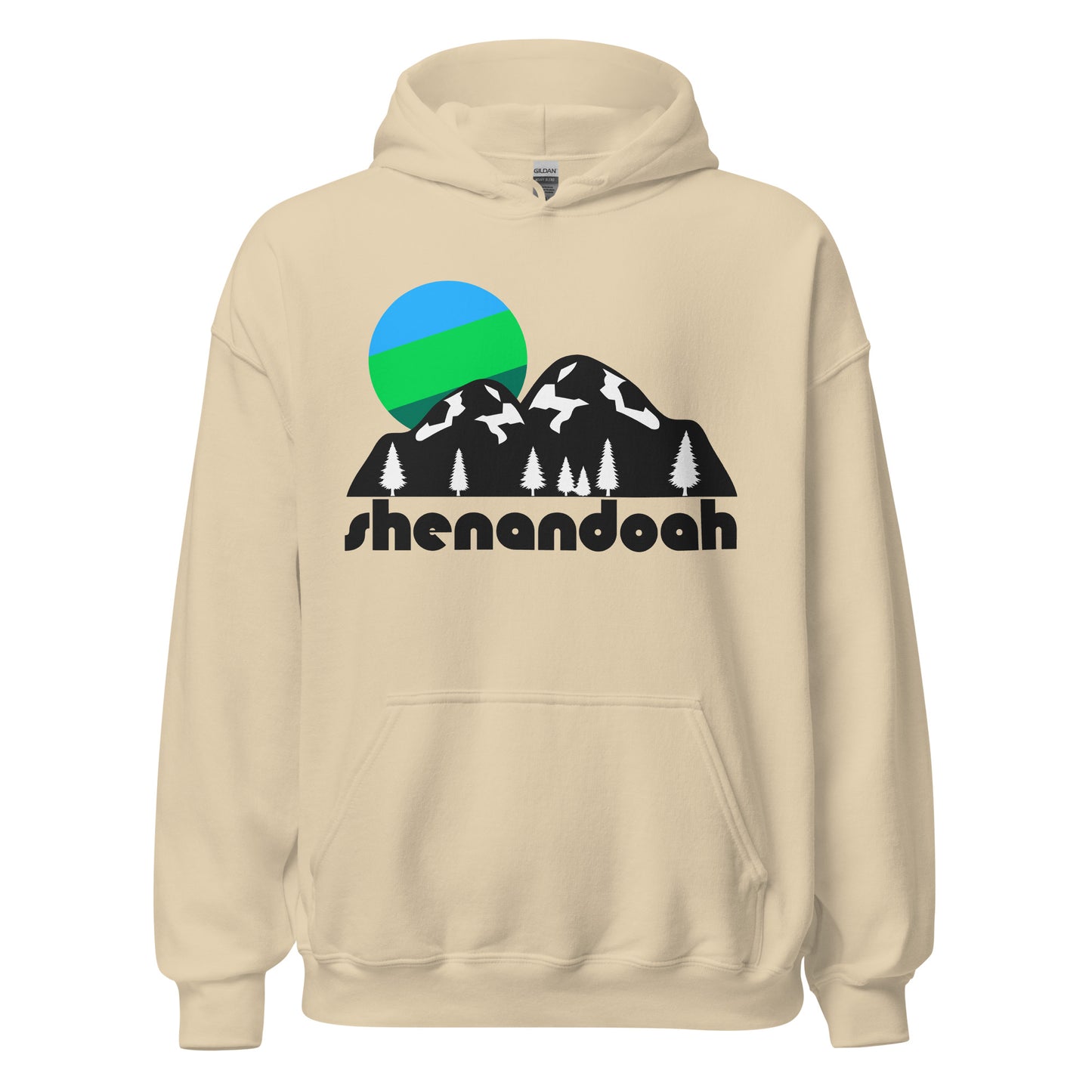 A vintage, souvenir Shenandoah National Park soft cream hoodie sweatshirt that says "shenandoah" under the image of a mountain landscape with snow and forest trees under a colorful sun. The national park in Virginia has the famous Old Rag Mountain, Skyline Stables, Skyline Drive, and Big Meadows which tourists and hikers go to to view birds.