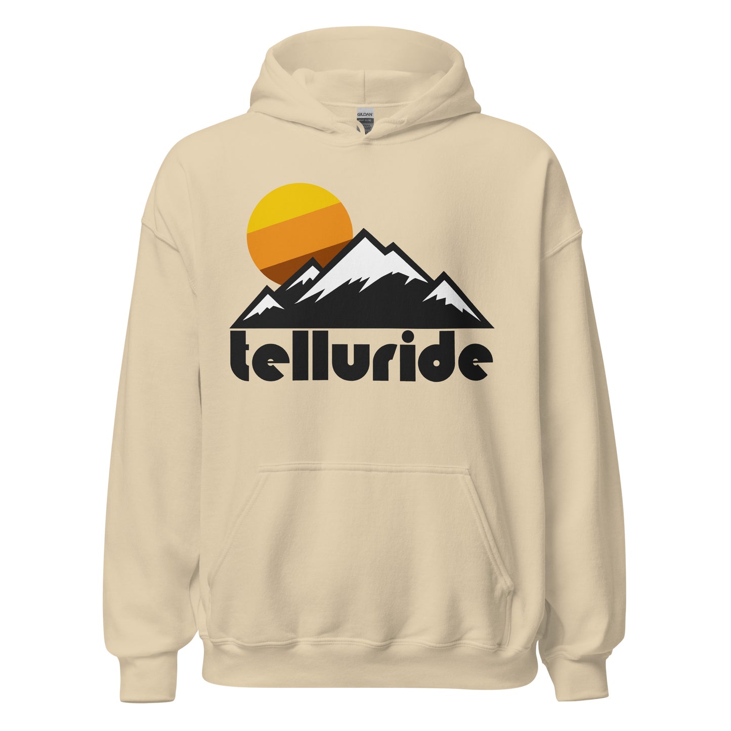 A vintage, 70s style sand colored hoodie sweatshirt that says “Telluride” under the image of a mountain range - representative of the San Juan Mountains in the Rocky Mountain Range - covered in skiable snow as the sun sets behind. References Telluride Ski Valley, a world class ski resort located between Telluride and Mountain Village, Colorado, known for its advanced ski runs and difficult terrain.