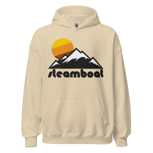 A vintage, 70s style sand colored hoodie sweatshirt that says "Steamboat" in reference to Steamboat Ski Resort in Steamboat Springs, Colorado, on Mount Werner of the Park Range (in the overall greater Rocky Mountain Range). Known for being a family friendly resort and for incredible skiing and snowboarding paths. Includes an image of a mountain with multiple triangular peaks, all covered with some snow, and a setting tricolored sun.