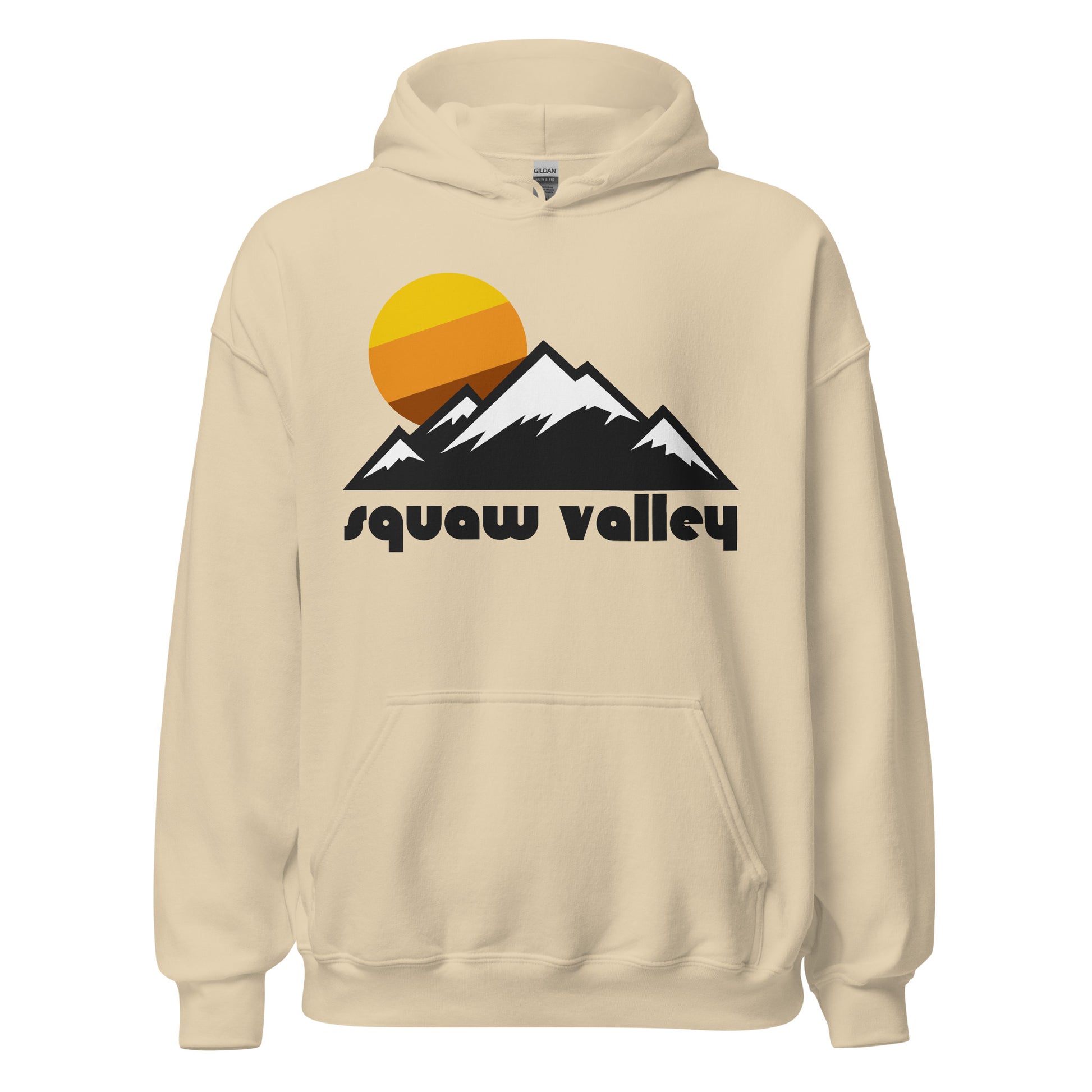 A sand colored Squaw Valley retro style hoodie sweatshirt, referencing the ski resort now called Palisades Tahoe, famous for hosting the 1960s Winter Olympics, on the shores of the incredible Lake Tahoe in California within the Sierra Nevada Mountain Range. The sweatshirt includes the image of multiple mountains, their peaks covered in snow, and a setting tricolored yellowish orange and brown circular sun.