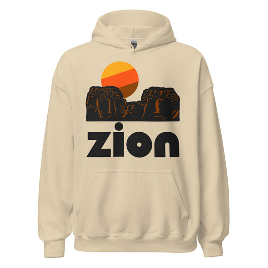 A sand colored vintage Zion hooded sweatshirt with images of the famous red rock landscape, a beautiful orange, yellow and brown rising sun, and referencing Zion National Park in Utah which includes Zion Canyon, the Emerald Pools, Zion Narrows, and many waterfalls and deep chasms.
