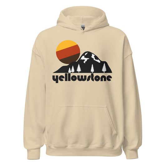 A retro sand colored 80s style Yellowstone hooded sweatshirt with the picture of a beautiful snow peaked mountain, forests, and a setting tricolored circular sun. References Yellowstone National Park, located in Wyoming, Montana, and Idaho, home to Old Faithful, many other geysers, hot springs, Mt. Washburn, Eagle Peak, and Table Mountain.