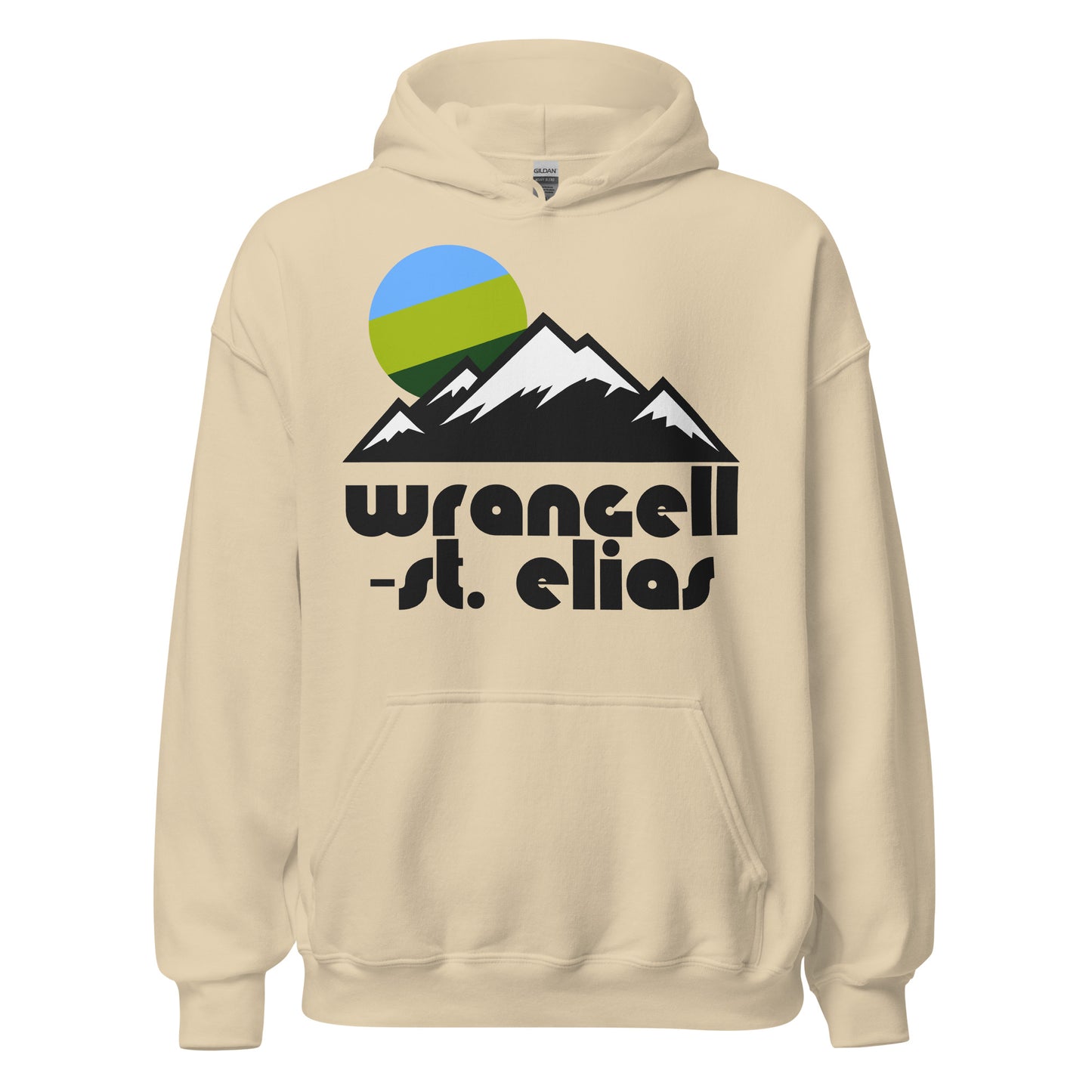 A sand colored vintage souvenir Wrangell-St. Elias hooded sweatshirt with an image of mountains, their peaks covered in snow, and a blue and green sun setting in the distance. The Alaskan national park is the largest in the entire nation, and known for its volcanoes and glaciers, as well as containing nine of the tallest sixteen mountains in the US.