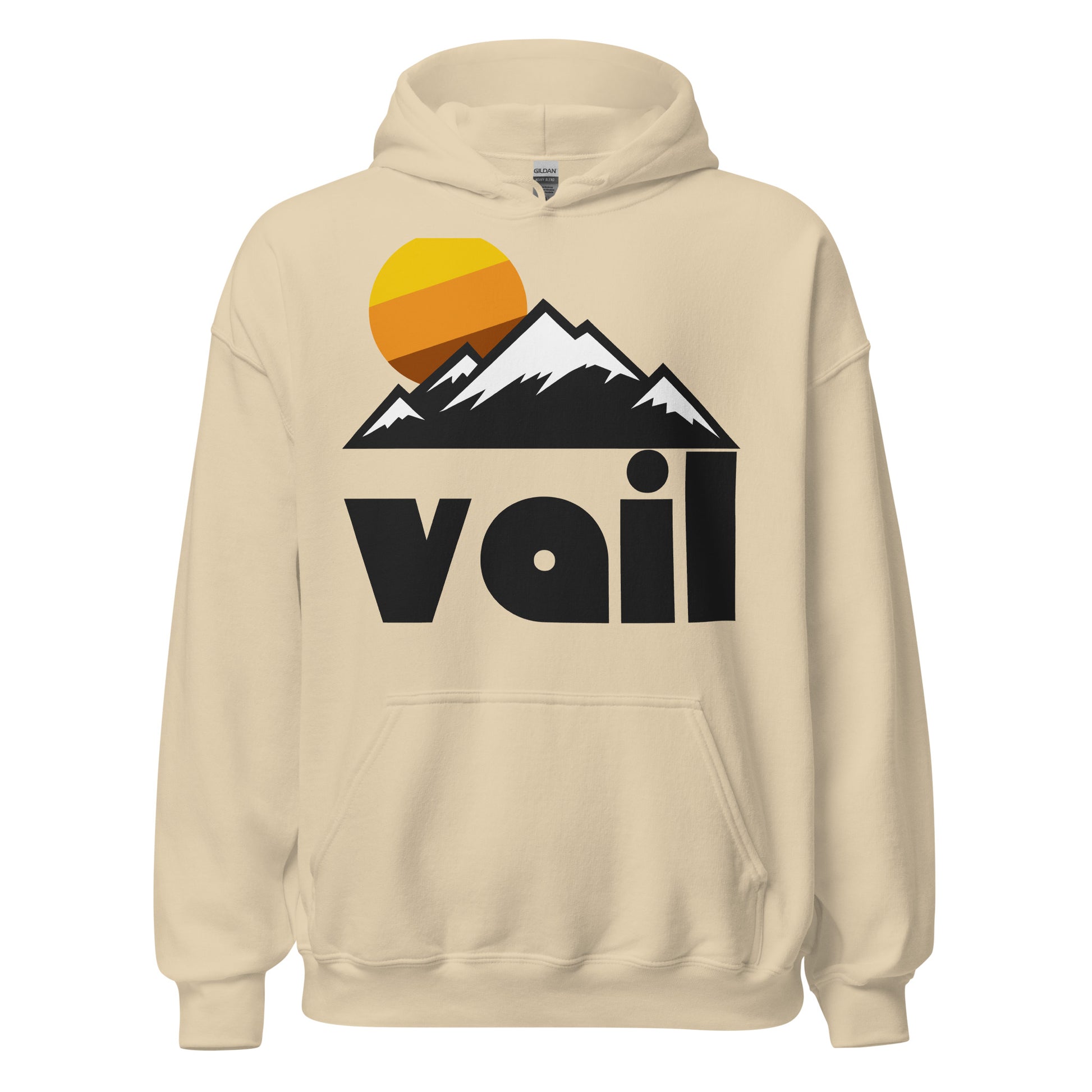 A retro 70s style sand colored Vail sweatshirt referencing the village in Colorado, in the Gore Mountains and Sawatch Mountains, known for Vail Ski Resort, hiking trails, and winter sports. Includes image of mountains with snowy peaks and a tricolor sun.