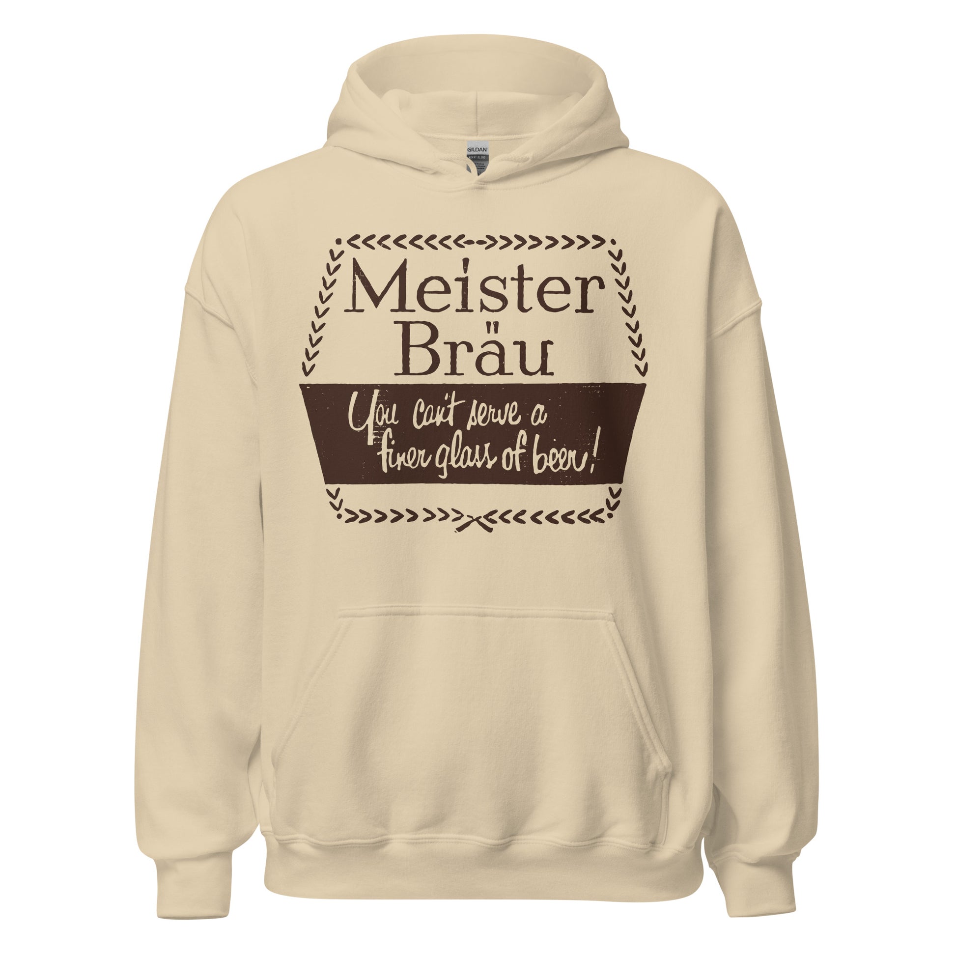 A sand colored 80s style retro hooded sweatshirt that says "Meister Bräu, You can't serve a finer glass of beer!" References the famous billboard ad from 1950 for Meister Brau Beer, originally brewed in the 1950s by the Peter Hand Brewing Company in Chicago which began in the 1890s. Now the brand is owned by Miller Brewing Company.