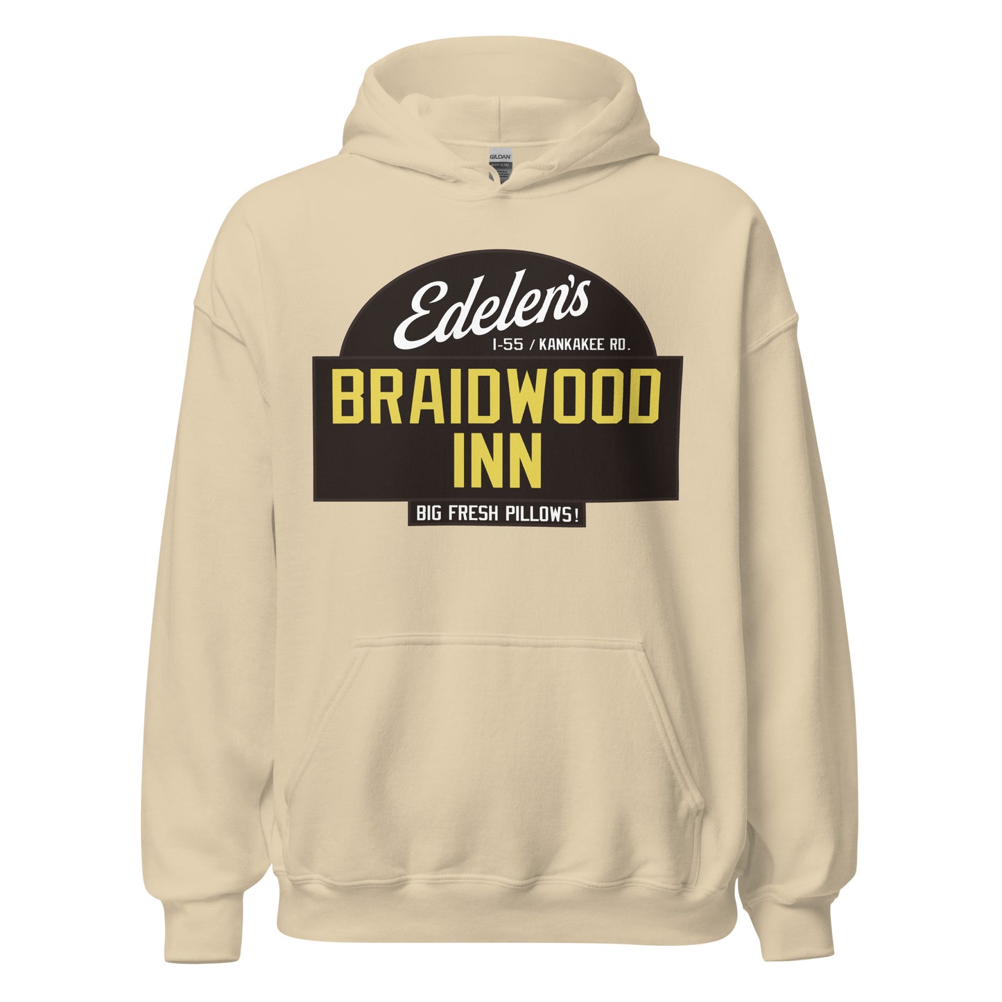 A sand colored retro Edelen's Braidwood Inn hooded sweatshirt that says "I-55 / Kankakee Rd." in Illinois and "Big Fresh Pillows!" References the 1980s John Hughes directed comedy movie 'Planes, Trains, & Automobiles', starring Steve Martin and John Candy. Now known as Sun Motel.