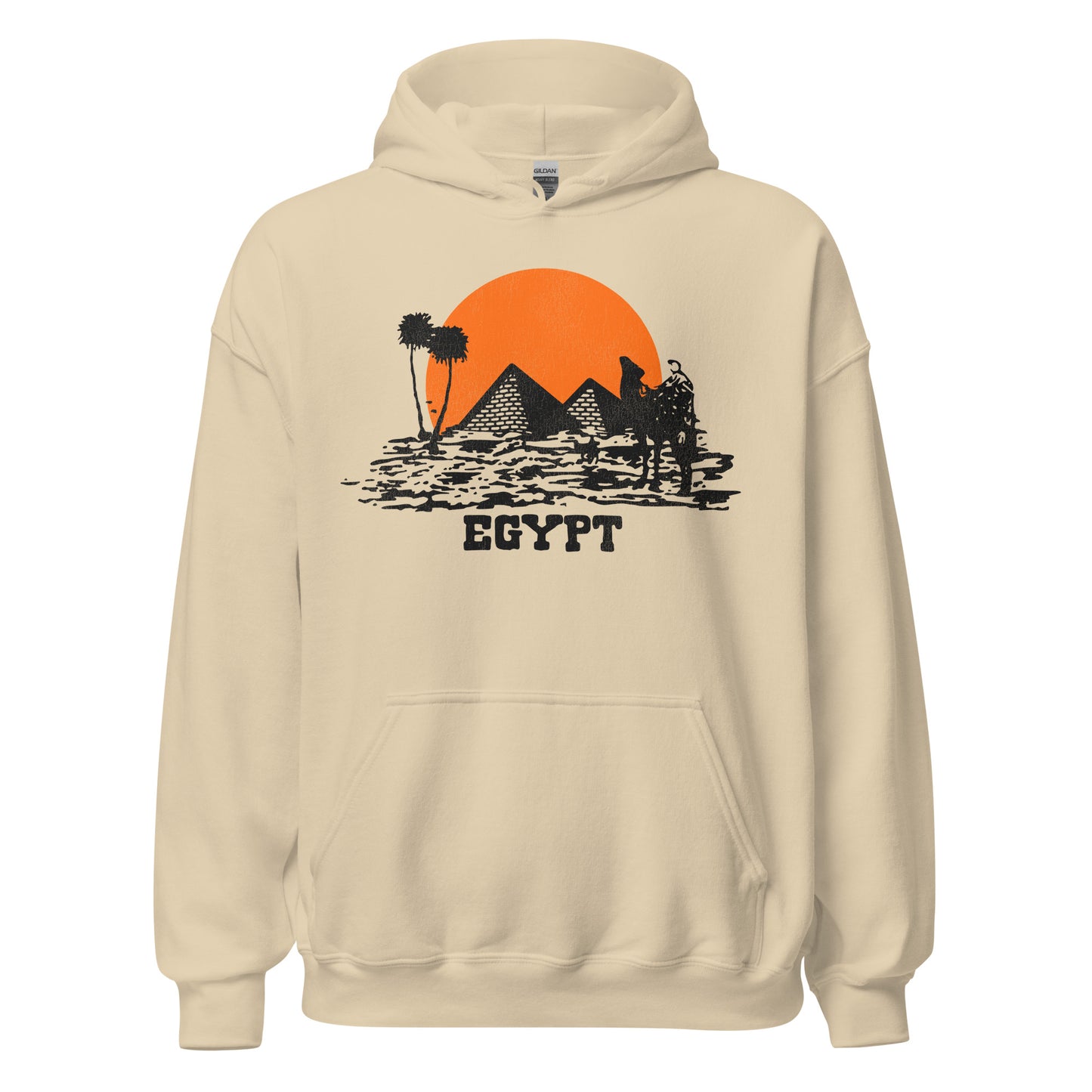 A sand colored 70s style travel hooded sweatshirt that says "Egypt" with an image of two pyramids, camels, palm trees, and dessert. References the popular tourist destination, as well as the Great Pyramid of Giza, one of the seven wonders of the ancient world and the only one still standing.