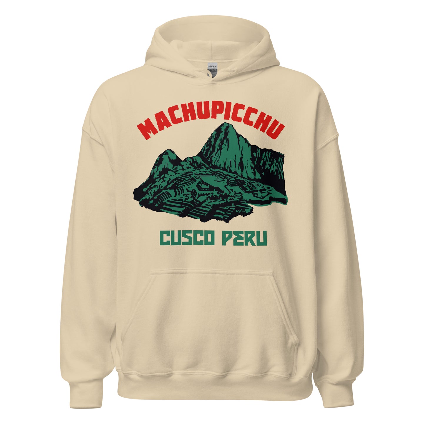 A retro 70s style sand colored Machu Picchu hoodie sweatshirt with nearby town Cusco, Peru. Has an image of the famous ruins of the Inca civilization in a dark green color including the nearby mountain landscape. Machu Picchu was designated a World Heritage Site and is also one of the New Seven Wonders of the World.