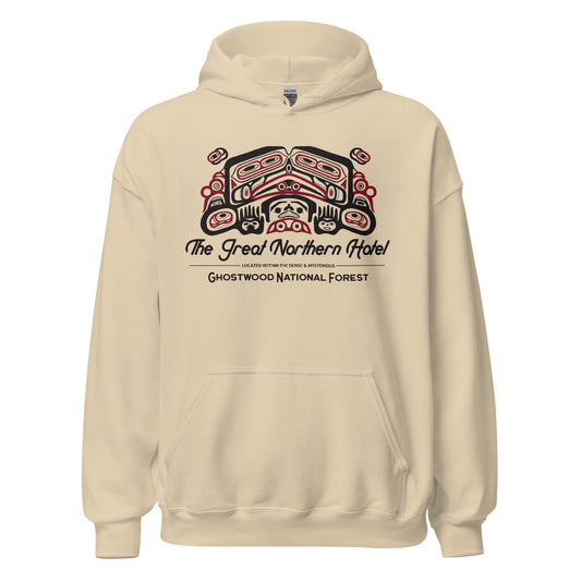 A sand colored retro 70s style hooded sweatshirt reading "The Great Northern Hotel", "Located within the dense & mysterious Ghostwood National Forest". In reference to Twin Peaks, the mystery television series from Queensland, filmed at the Salish Lodge. Image of eyes and faces within wood carvings and trees.