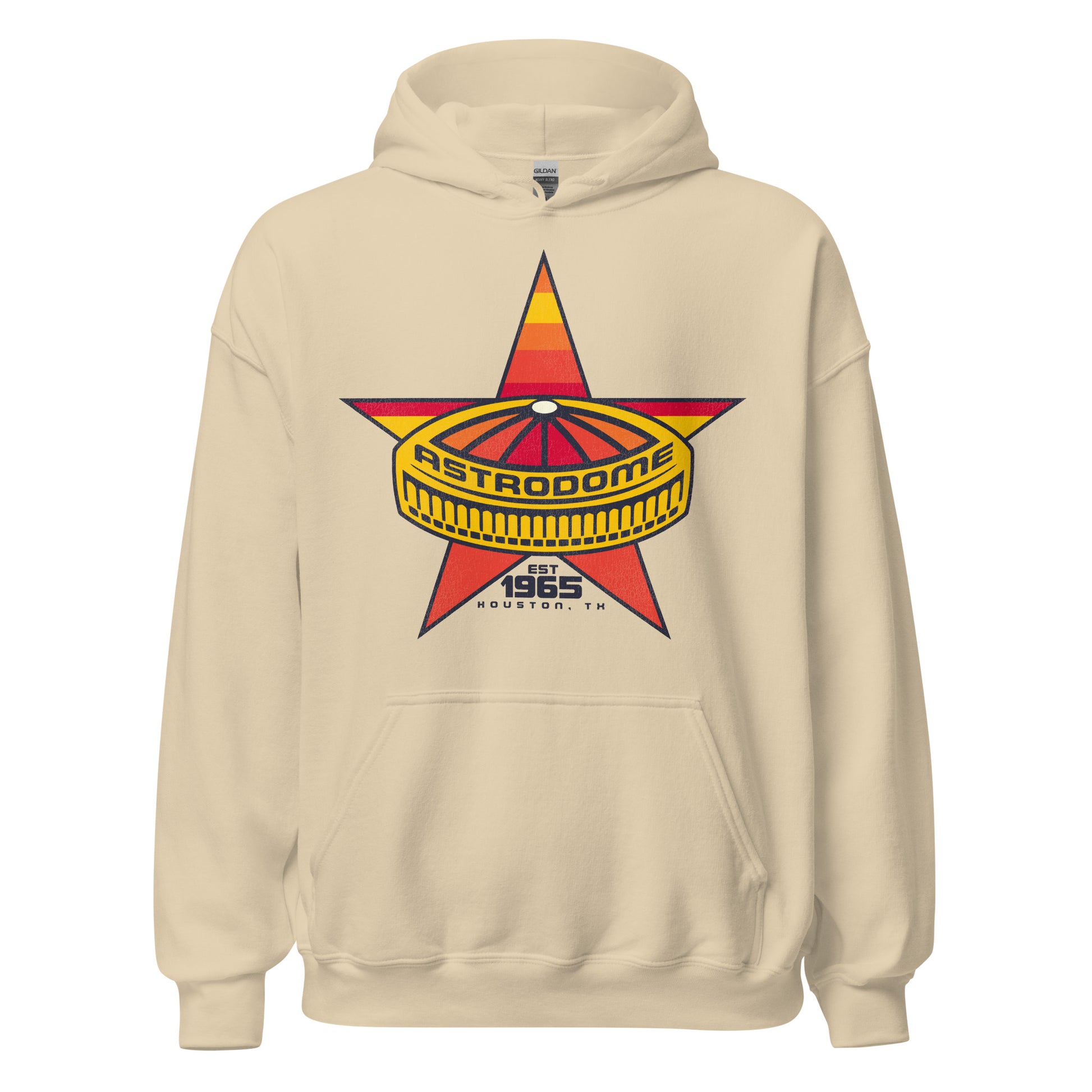 A vintage travel sand colored hooded sweatshirt with an image of a yellow domed stadium reading "Astrodome" on top of a five pointed red, pink, and yellow star, a symbol of "The Lone Star State". Says "Est. 1965" and "Houston, TX", as the stadium served baseball and football Texan teams.