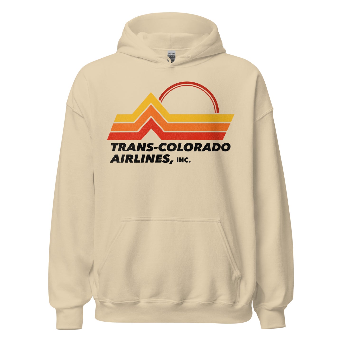 A Trans-Colorado Airlines sand colored vintage hoodie sweatshirt with the image of a red, orange, and yellow mountain and a half sun in red color.