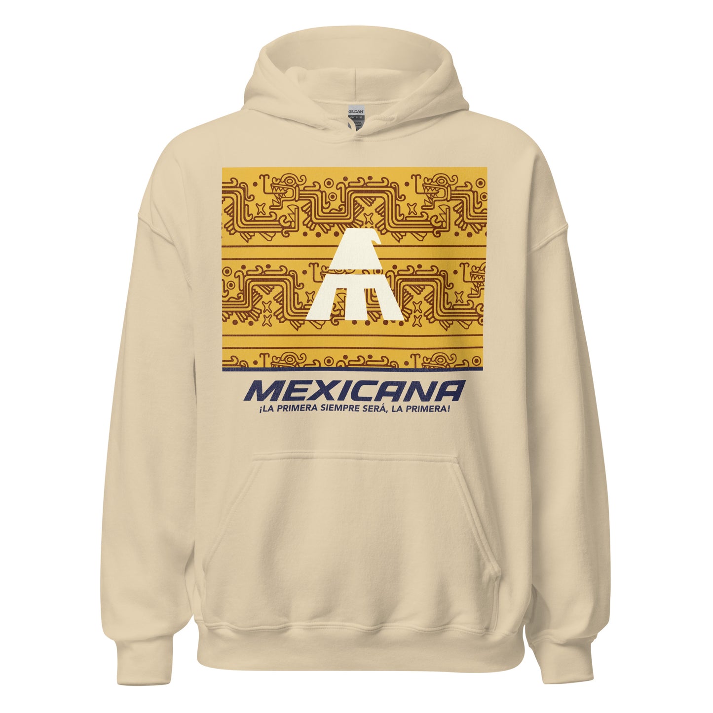 A sand colored 70s style hoodie sweatshirt with the image of the airline logo for Mexicana de Aviación, a golden eagle, over a yellow background with brown dragon designs. It says "Mexicana ¡La primera siempre será, la primera!"