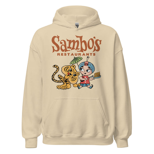 A sand colored vintage hoodie sweatshirt that says "Sambo's Restaurants" with a striped tiger sitting next to a young boy in a turban with a plate of pancakes.