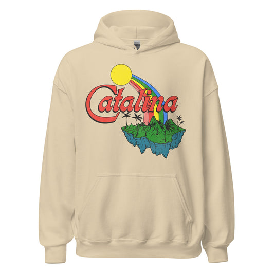 A vintage sand colored hoodie sweatshirt that says "Catalina" in red block letters with the image of a sun shining over a rainbow and a lush green island with palm trees. Refers to Catalina Island off the coast of California, known for scuba diving and hiking.