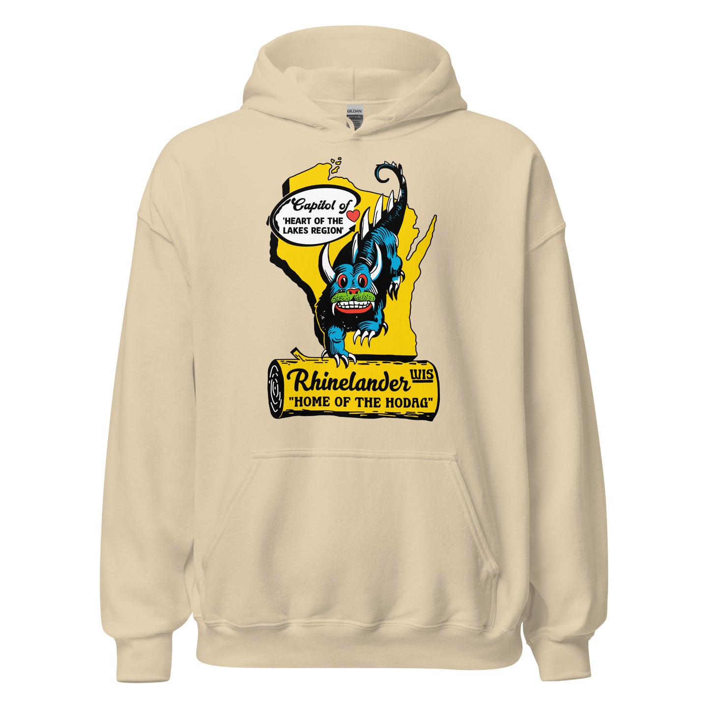 A tourist Rhinelander, Wisconsin hooded sweatshirt that's sand colored. Has a yellow map of Wisconsin that points to a red heart where Rhinelander is located in the North Woods. Says "Heart of the Lakes Region" and "Capitol of" WI. Image of log with text "Rhinelander, Wis" and "home of the Hodag". Image of mythical hodag creature, Rhinelander's mascot.