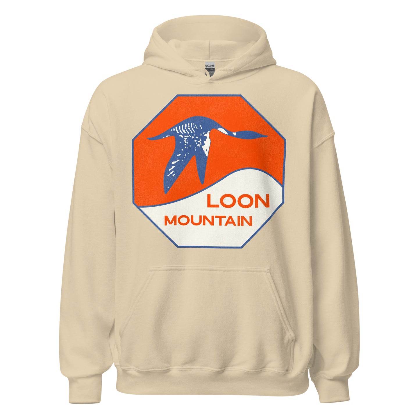 A sand colored 80s style hooded sweatshirt that says "Loon Mountain" with image of a loon in blue flying over a snowy mountain against the orange sky.