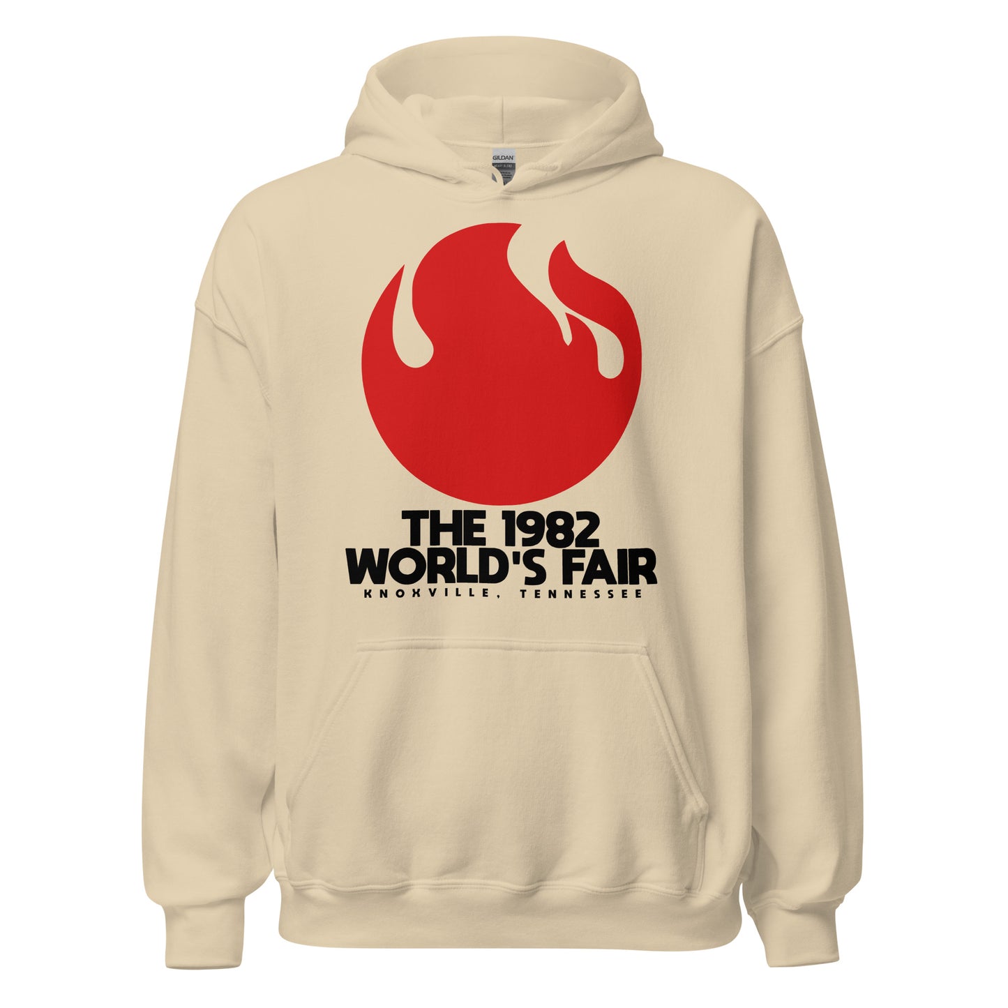 A retro style sand colored hooded sweatshirt from The 1982 World's Fair with the theme "Energy Turns the World" in Knoxville, Tennessee. Image of bright fire flame.