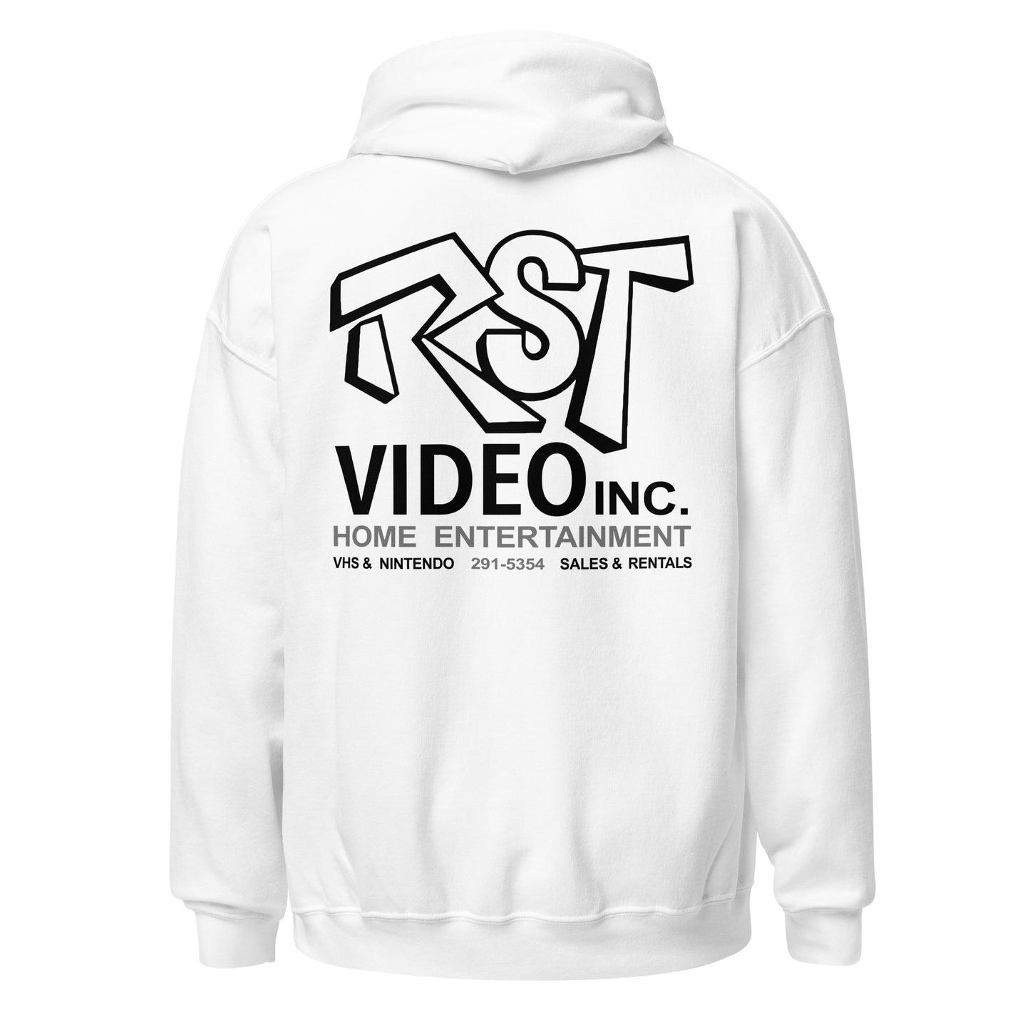 The back of a white, vintage, 80s style hooded sweatshirt with bubble letters "RST", referencing RST Video Inc, the fictional movie rental company in Kevin Smith's "Clerks". Also says Home Entertainment, VHS & NIntendo, Sales & Rentals and includes the phone number "291-5354".