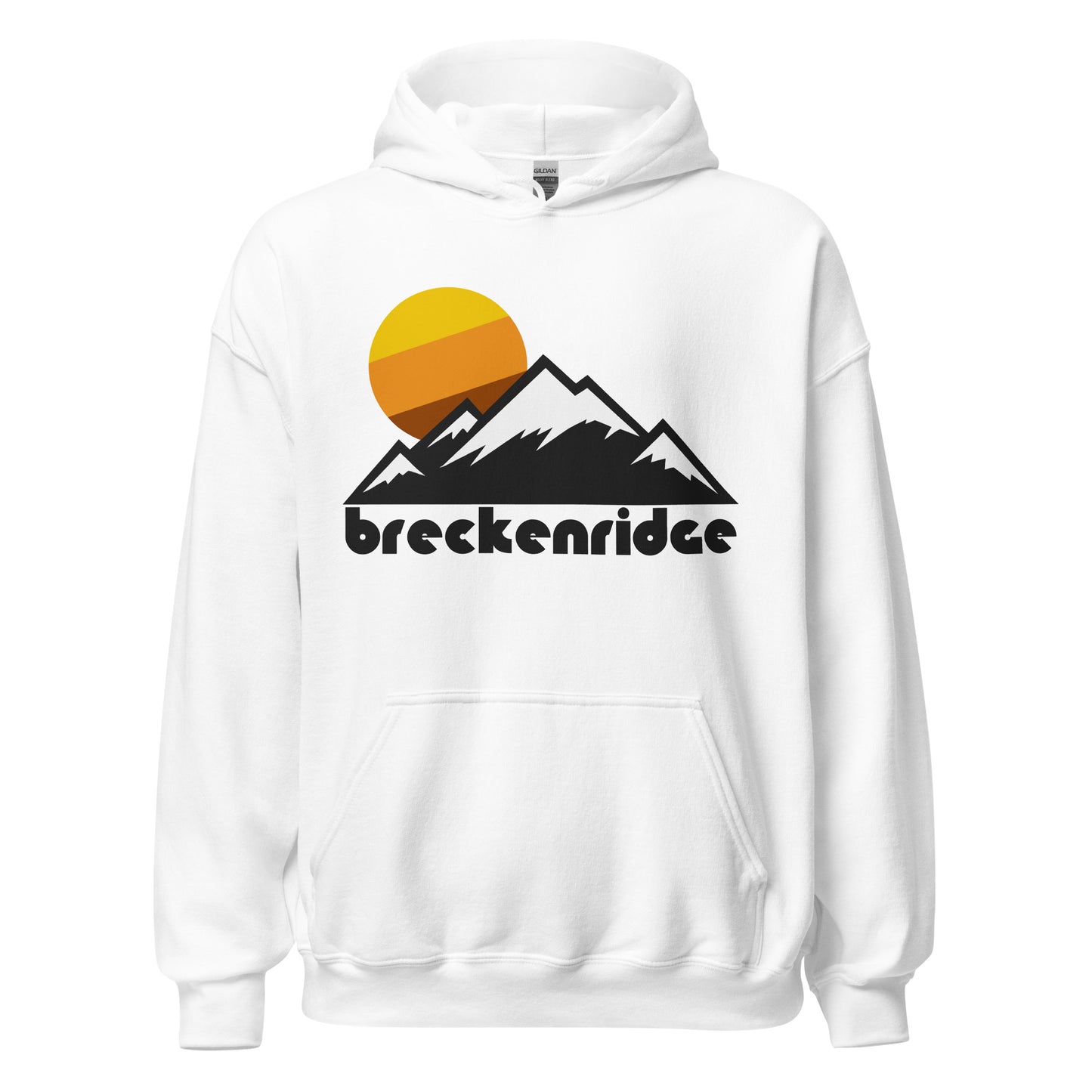 A white colored, retro "breckenridge" hooded sweatshirt with a mountain range and setting sun image. References Colorado's Breckenridge Ski Resort, one of the most popular ski and snowboarding destinations in the US with a wonderful winter charm, and its skiing trails on Breck's Five Peaks, part of the Rocky Mountain's Ten Mile Range.