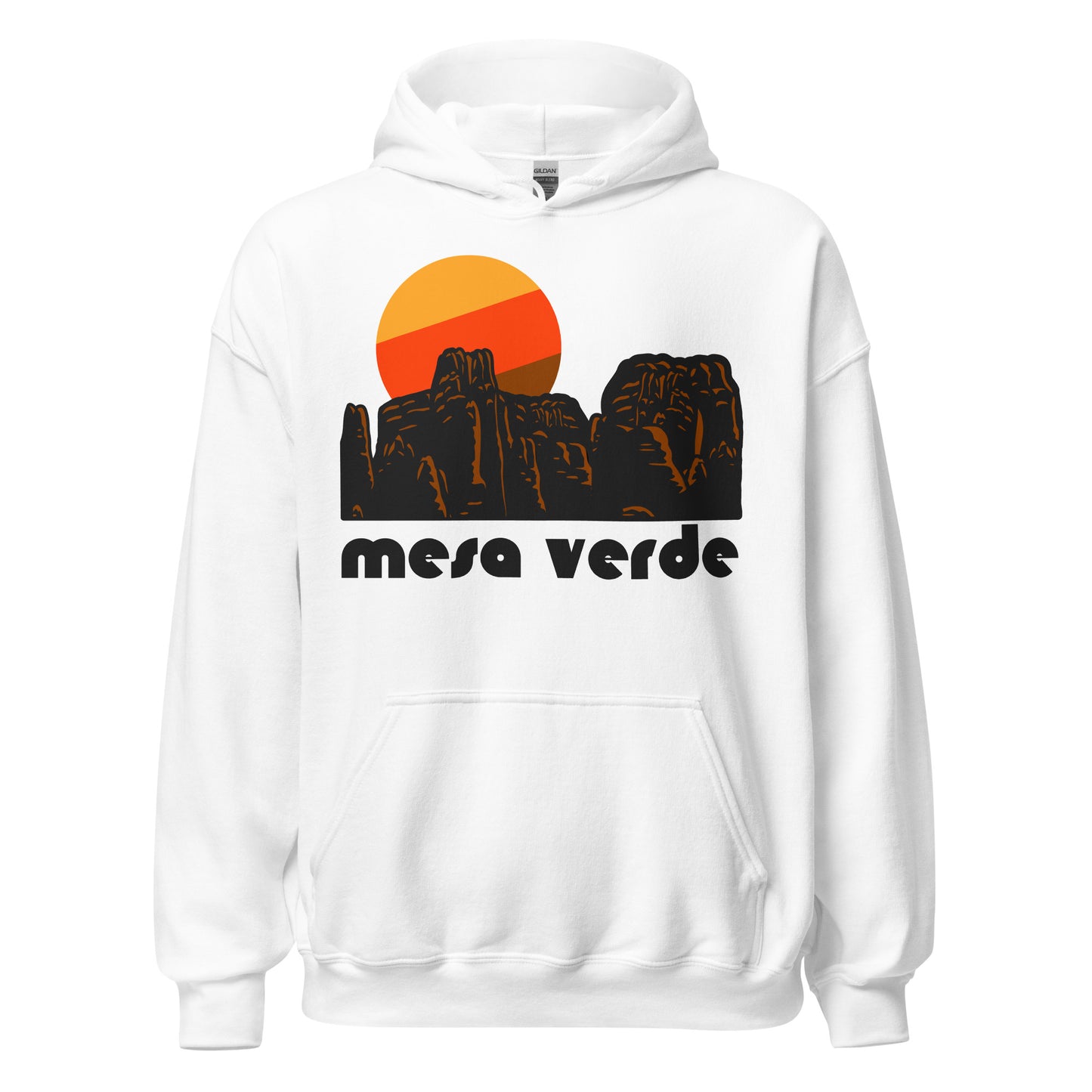 An 80s style, retro white colored hoodie sweatshirt with the image of a red rock and granite landscape, complete with outcroppings and spires, and an orange/red/brown sun rising behind the rocks. Says "mesa verde" underneath the image referencing Mesa Verde National Park, famous for its cliff dwellings and mesa top sites of the Ancestral Pueblo culture, and for stunning hiking.