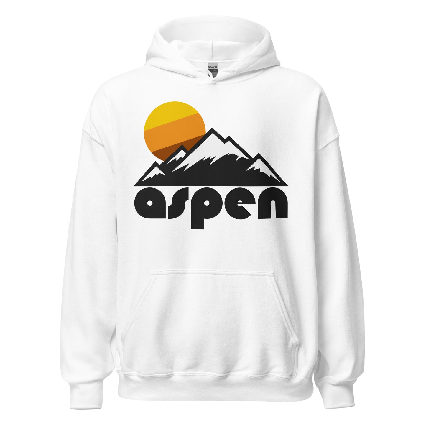A white colored, 80s style Aspen hooded sweatshirt for tourists with an image of a mountain range, referencing the Colorado Rockies, and a tricolored sun setting behind the peaks. The town is famous for its ski resorts and hiking trails.