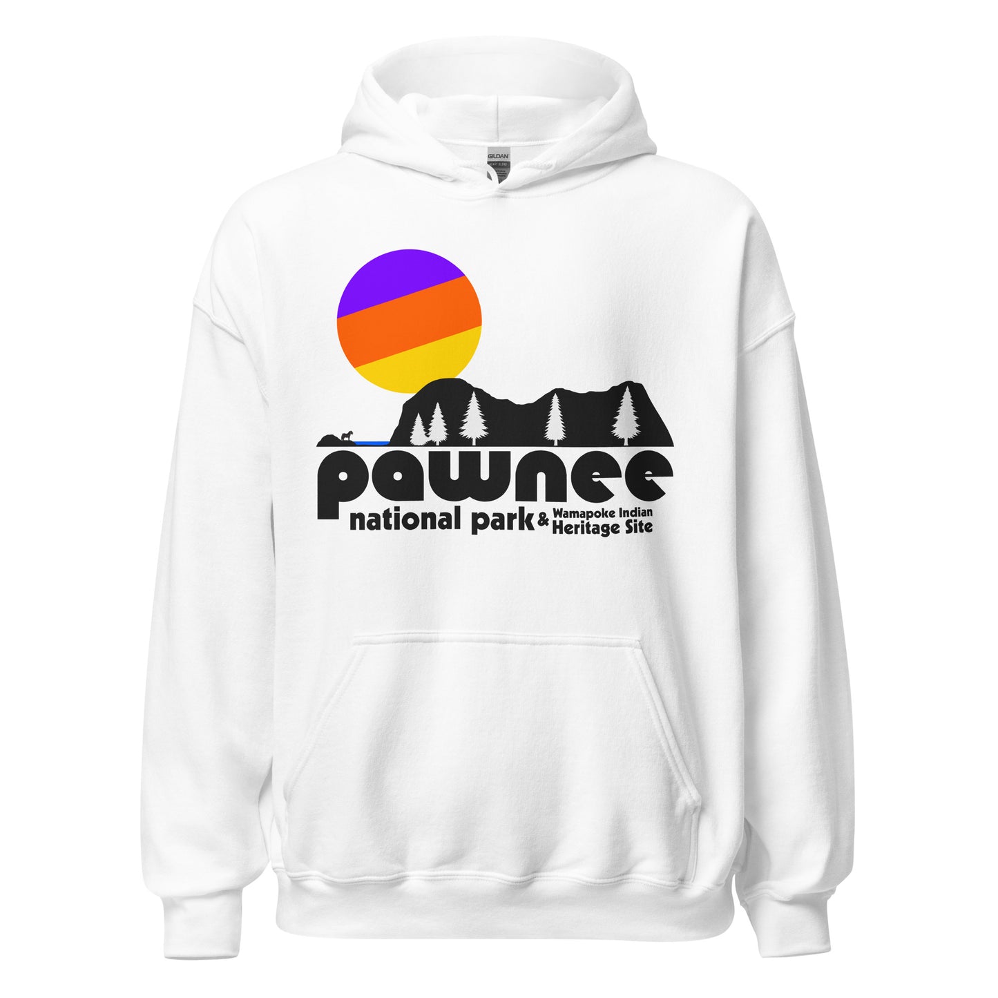 A vintage, souvenir Parks and Recreation white colored hoodie sweatshirt that says "Pawnee National Park & Wamapoke Indian Heritage Site" under the image of a sunset landscape with a lake, a wolf howling, pine trees, and a rocky area under a yellow, orange, and purple sun setting.