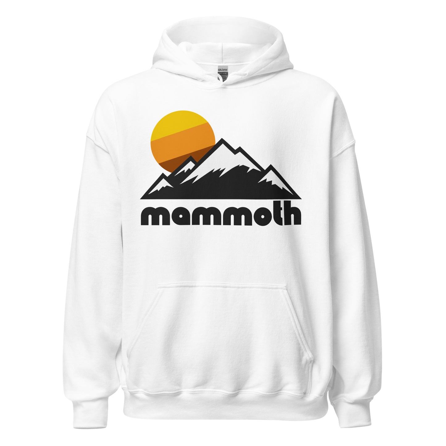 A vintage, 70s style Mammoth white colored hoodie sweatshirt with a mountain range image and a sun peaking over the snowy mountain tops. In reference to Mammoth Mountain Ski Area in eastern California, nestled in the stunning Sierra Nevada Mountain Range in the Inyo National Forest, a popular hiking, skiing, and snowboarding destination.