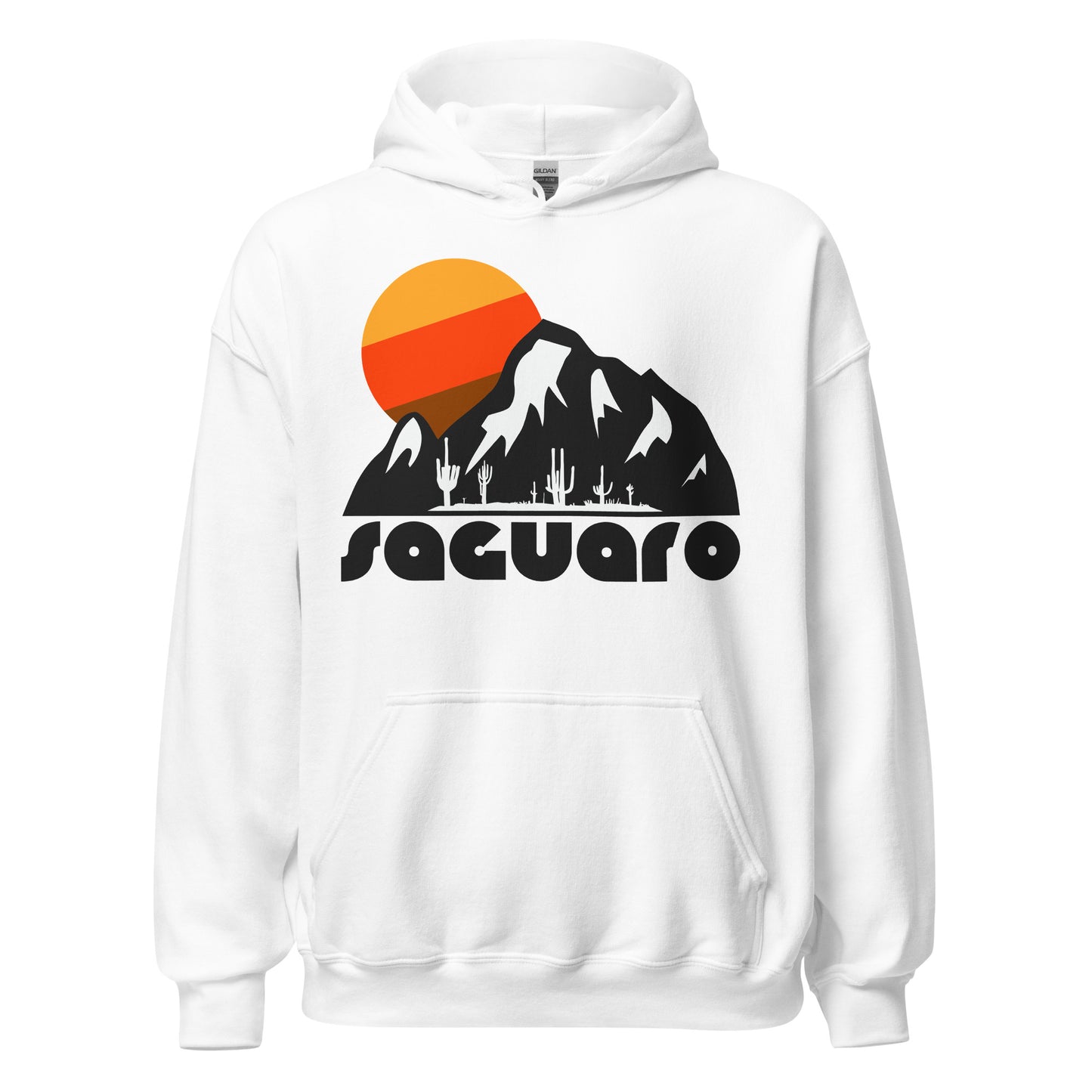 A 70s style retro white colored hoodie sweatshirt that says 'saguaro' underneath the image of a rocky landscape, a desert, a setting yellow/orange/brown sun, and a field of cacti. References Arizona's Saguaro National Park, located in the Sonoran Desert, home to the majestic saguaro cactus - the largest cactus in the US - and an iconic emblem of the Southwest.