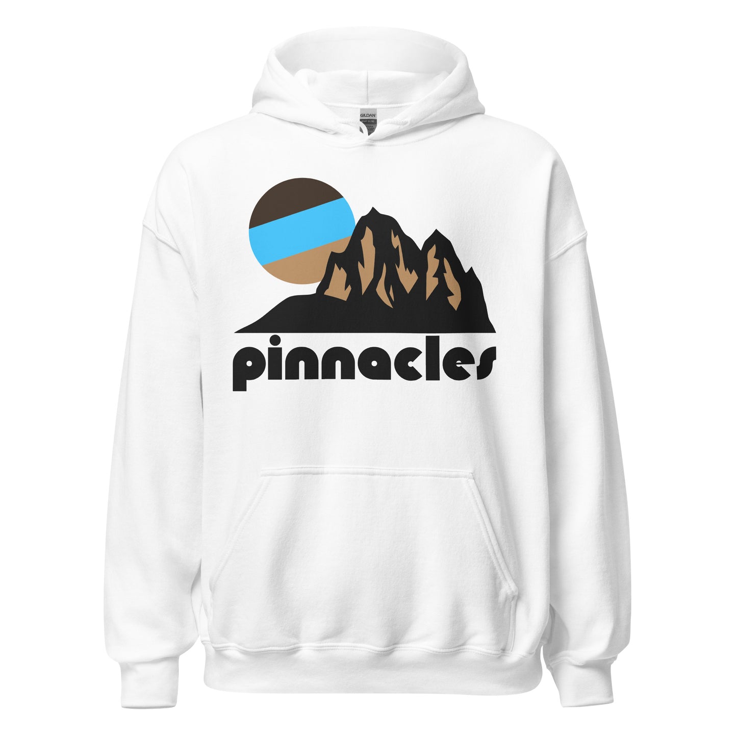 A retro, vintage "Pinnacles" hoodie sweatshirt in the color white with an image of brown rocky formations and a tricolored sun rising above the peaks. References California's Pinnacles National Park, known for its dramatic rock spires, pinnacles, talus caves, crags, and incredible hiking and rock climbing opportunities.