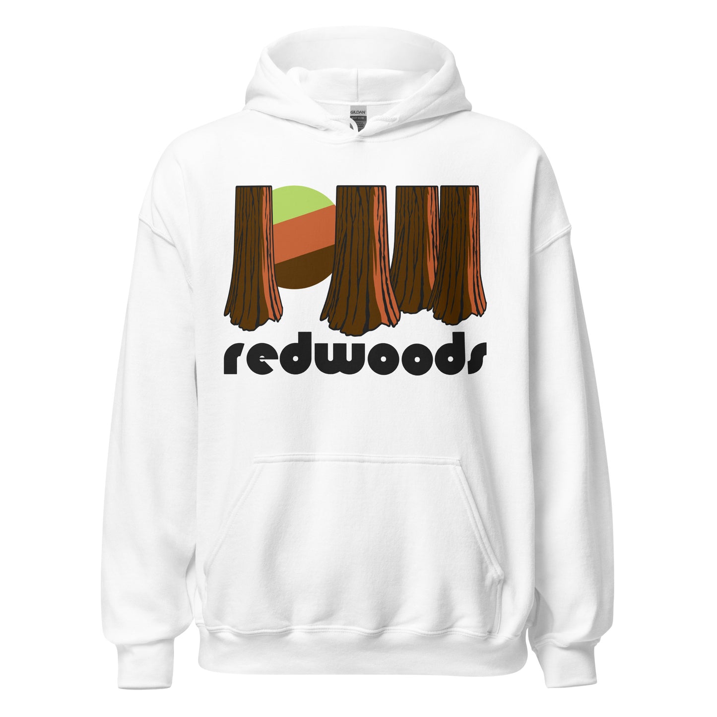 A vintage, 80s style "redwoods" white colored hooded sweatshirt. Includes the image of a redwood forest and a stylized tricolored sun in the distance, referencing the iconic Redwoods National Park, home to the tallest trees in the world, located in California by the Pacific Ocean coast.