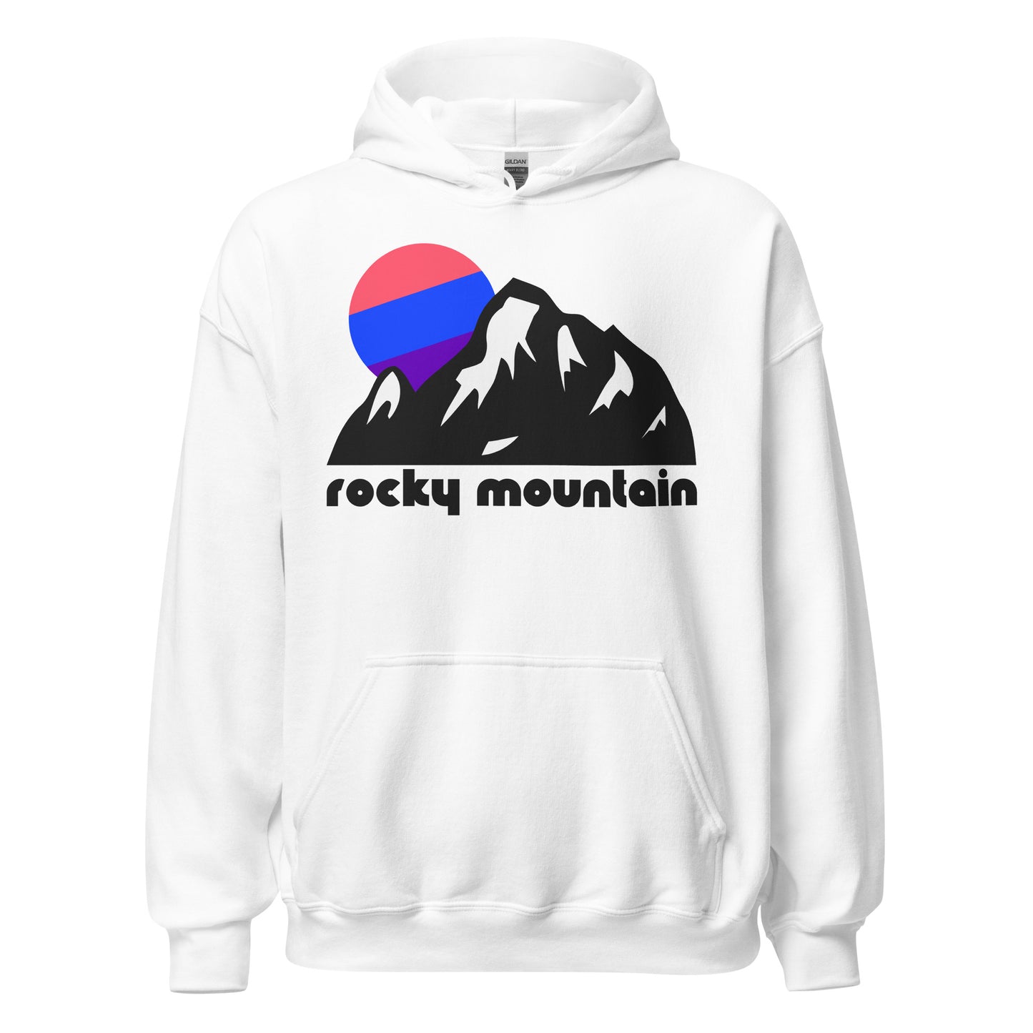 A retro, souvenir Rocky Mountain white colored hoodie sweatshirt with the image of a rocky mountain landscape, snow on the sides of the mountains, and a stunning sunset sun in pinks, blues, and purples, falling behind the mountain peaks, in reference to Colorado's Rocky Mountain National Park.