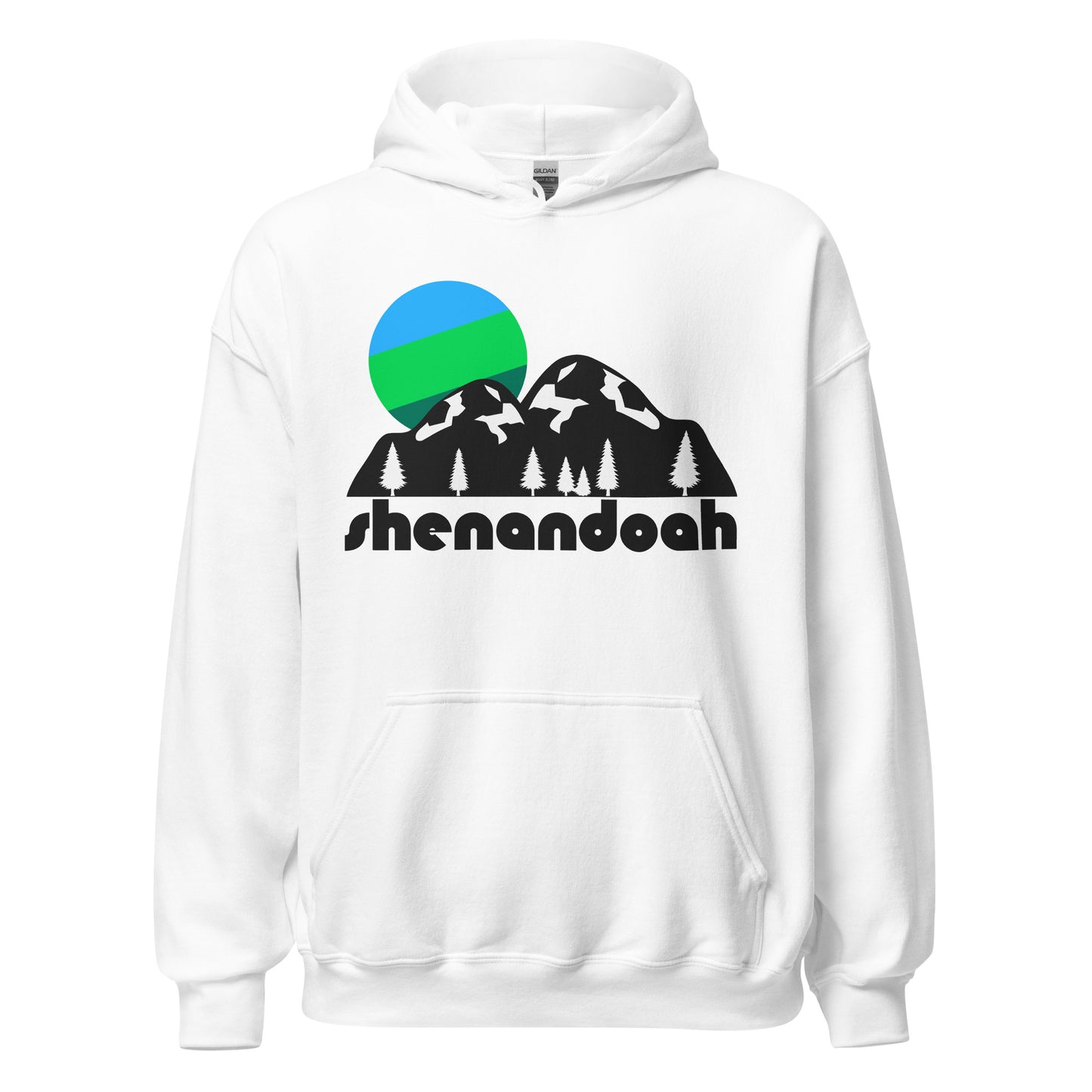 A retro, white colored hoodie sweatshirt that says "Shenandoah" in reference to Shenandoah National Park in Virginia, known for its mountains, stunning autumn views, forests, and the popular Old Rag Mountain, as well as birding at Big Meadows. The sweatshirt includes the image of a blue and green sun shining down over black mountains with snow and forest pine trees.