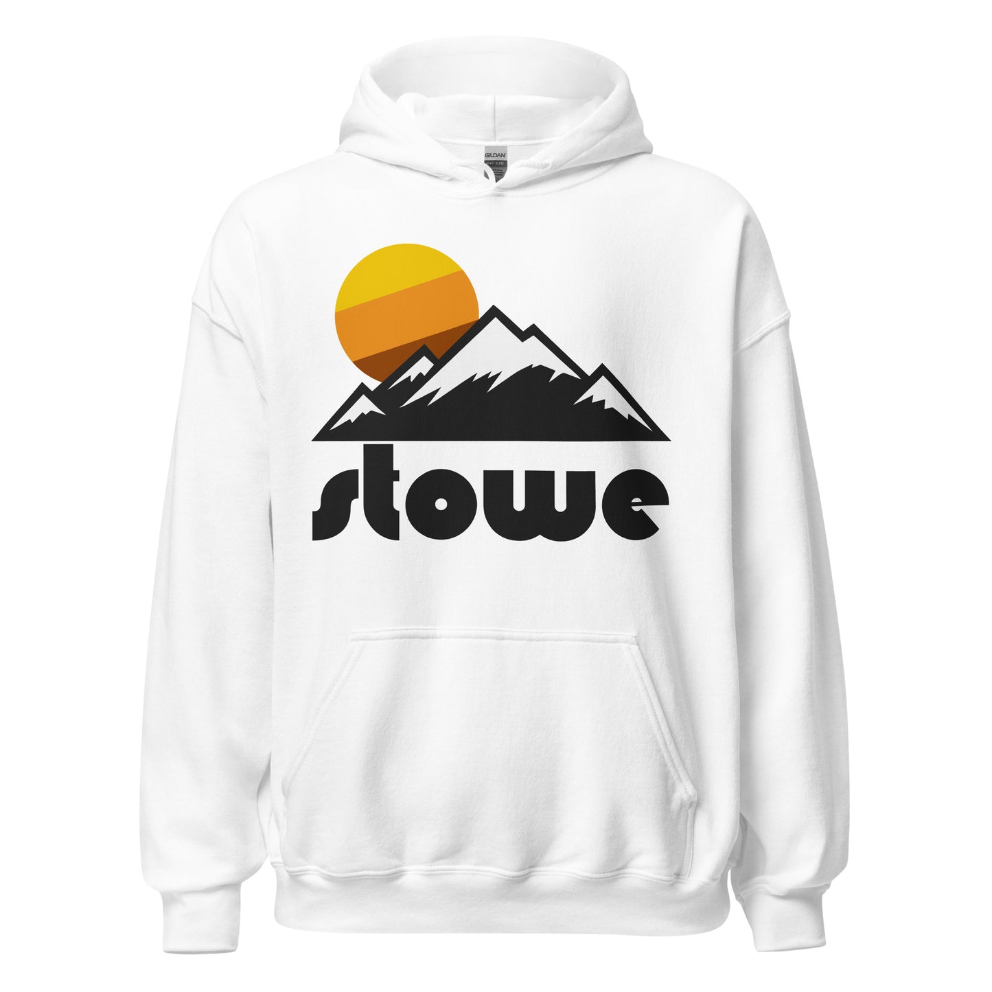 A retro, vintage style white colored hooded sweatshirt that says "stowe" with an image of a mountain range with pointy peaks covered in snow, perfect for skiing and snowboarding, the sun setting behind the distance cliffs. References Stowe Mountain Resort near Stowe, Vermont, a historic, aesthetic, quaint little town nestled in between the Green Mountains and the Worcester Mountains. The ski resort has trails on both Spruce Peak and Mount Mansfield.