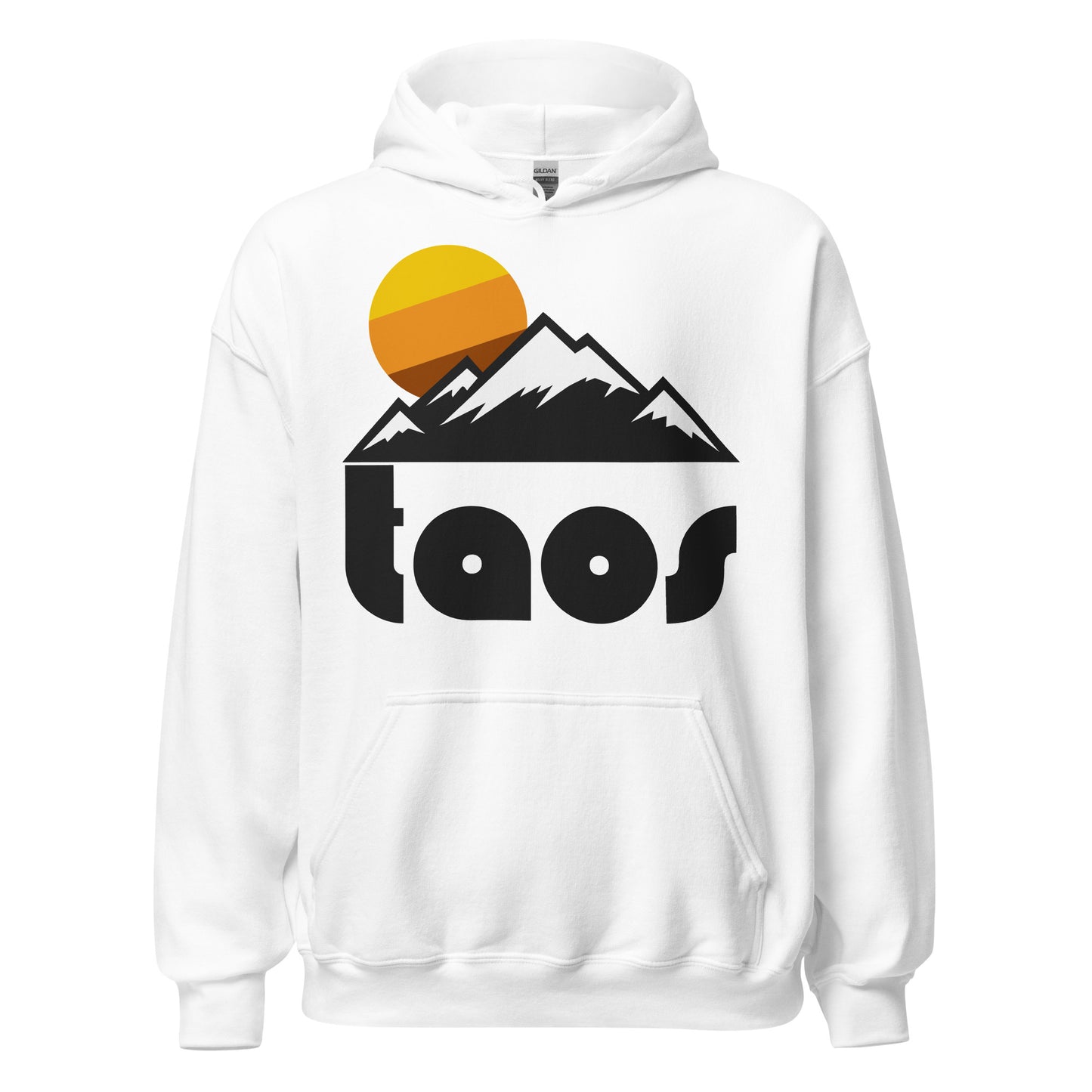 An 80s style white hooded sweatshirt for travel that says "Taos", referencing Taos Ski Valley in New Mexico, in the Sangre de Cristo Mountains in New Mexico (which connect to the greater Rocky Mountains), a world class ski resort that was originally in a mining town. The sweatshirt includes the image of a mountain range, all covered in snow, amazing skiing conditions, and a circular three striped yellow, orange, and brown colored sun.