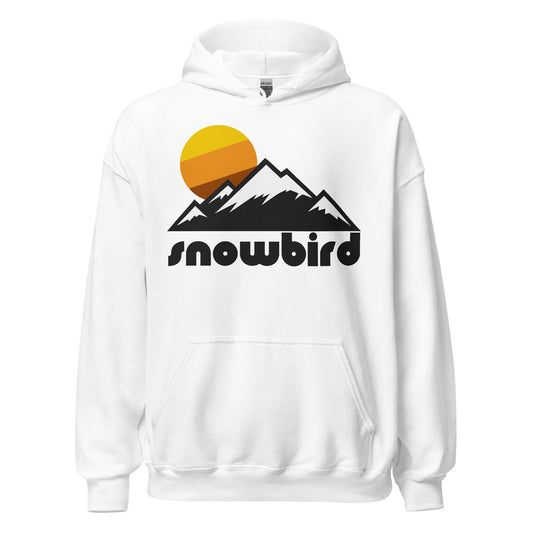 A white colored retro, tourist hooded sweatshirt that says "Snowbird" underneath a couple snowcapped mountains and a yellow, orange, and brown colored sun. References Utah's Snowbird Ski Resort in the Wasatch Mountains, part of the greater Rocky Mountains, known for hiking, backpacking, and skiing.