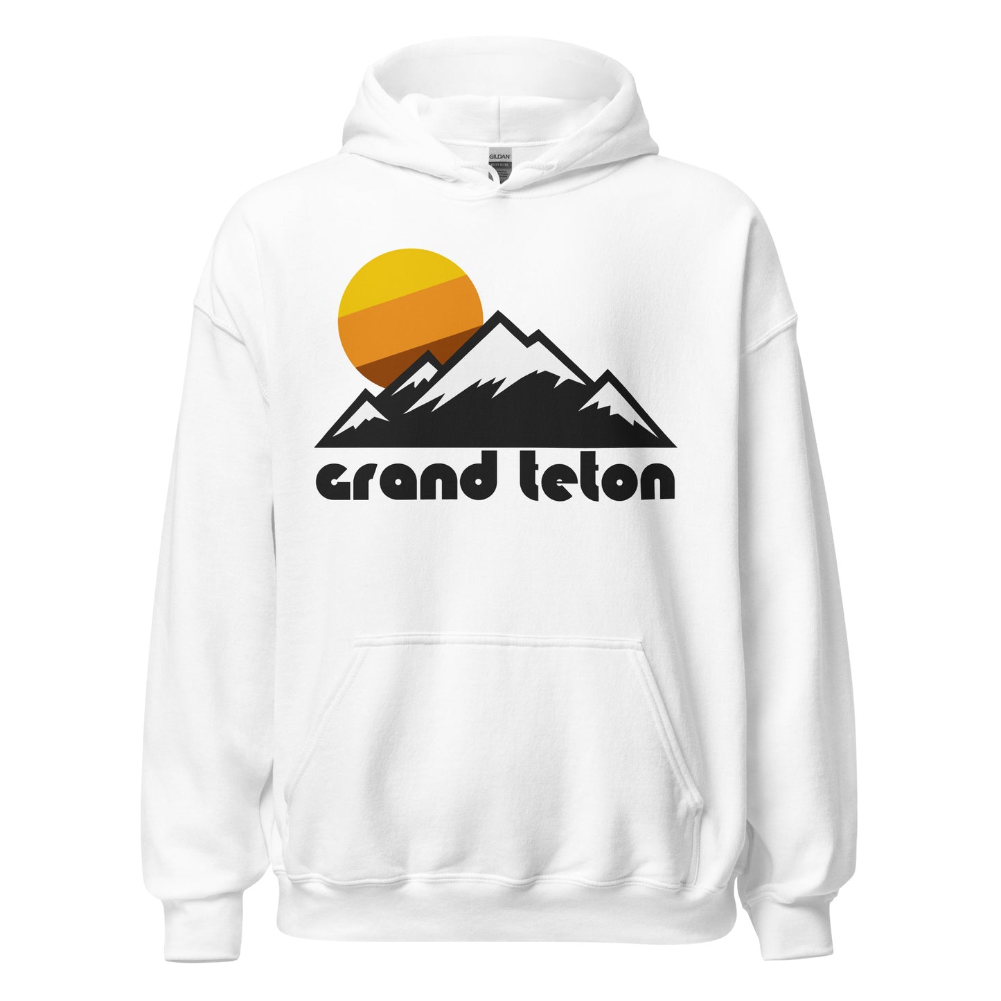 A white colored 70s style retro hooded sweatshirt that says "Grand Teton" underneath the image of a mountain landscape, highlighted by a setting yellow, orange, and brown sun. References the Grand Teton Mountain Range and the Grand Teton National Park in Jackson Hole, Wyoming, known for Hidden Falls, Jenny Lake, Table Mountain, and Moose Ponds.
