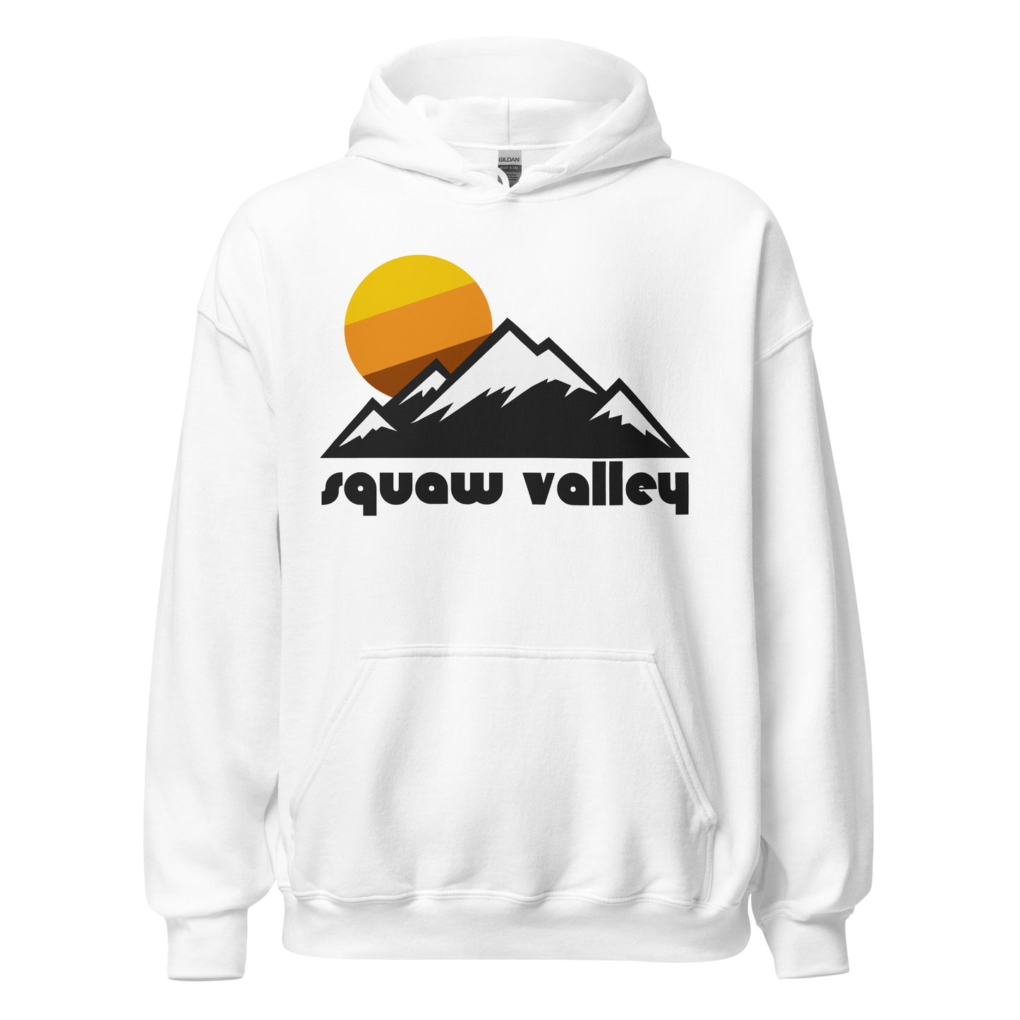 A white, hooded retro 80s style hoodie sweatshirt with the words "Squaw Valley" underneath multiple mountains covered in sun with a setting tricolored sun, referencing the ski resort now known as Palisades Tahoe, home of the 1960s Winter Olympic Games, near Lake Tahoe in California's Sierra Nevada Mountains.