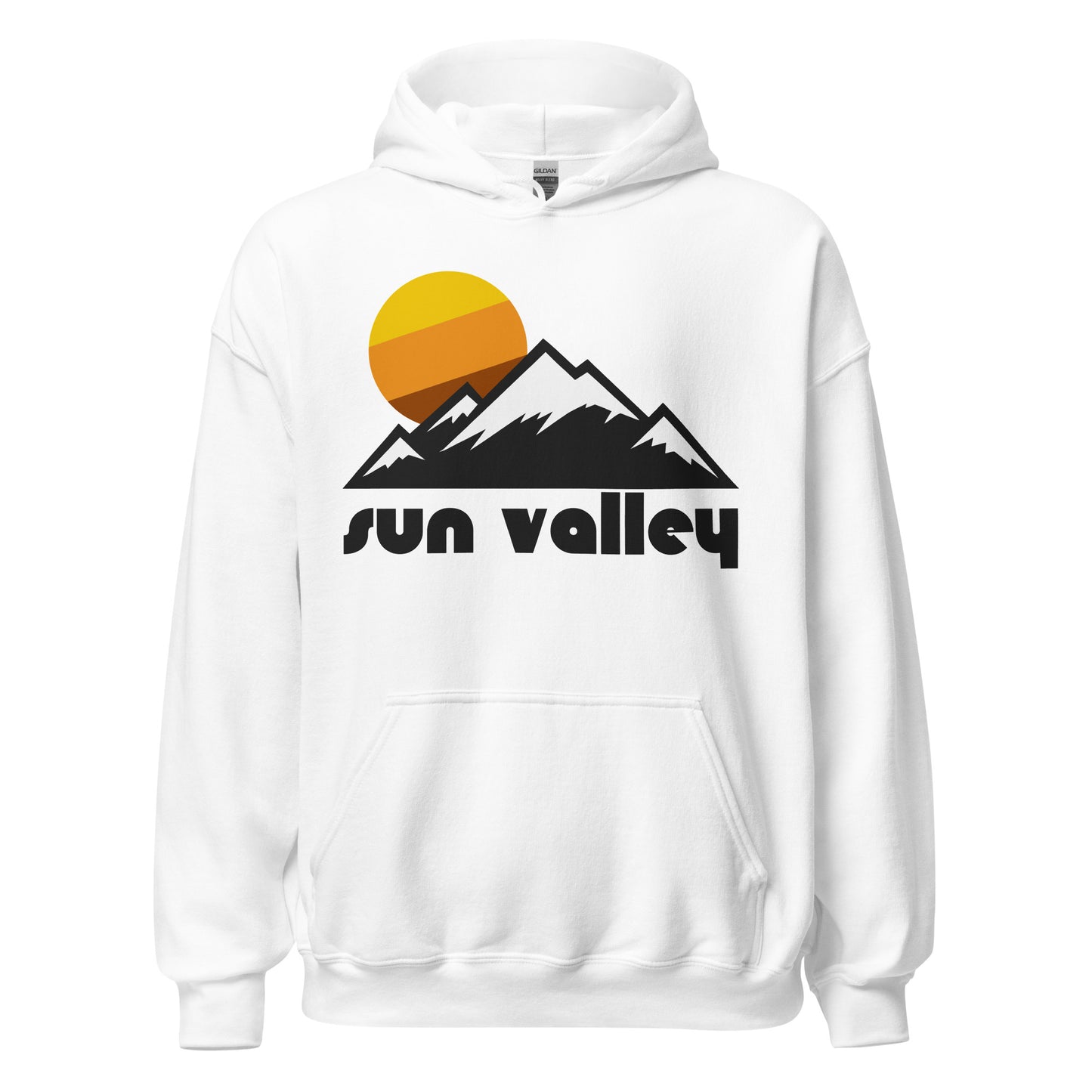 A white retro tourist "Sun Valley" hooded sweatshirt with the image of a snowcapped mountain range and a beautiful tricolored sun. References Idaho's famous Sun Valley Resort for skiing, nestled in the Smoky Mountains and Pioneer Mountains, both regions within the Rocky Mountains, with ski trails on Dollar Mountain and Bald Mountain ("Baldy").