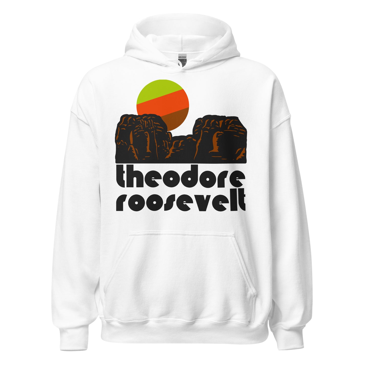 A white hooded travel sweatshirt for tourists that says "Theodore Roosevelt" under the image of a red/brown rocky landscape and a green, red, and brown sun. References Theodore Roosevelt National Park, named after the 26th president who made nature conservation a priority, and known for Little Missouri River, the Badlands, prairie lands, and bison viewings.